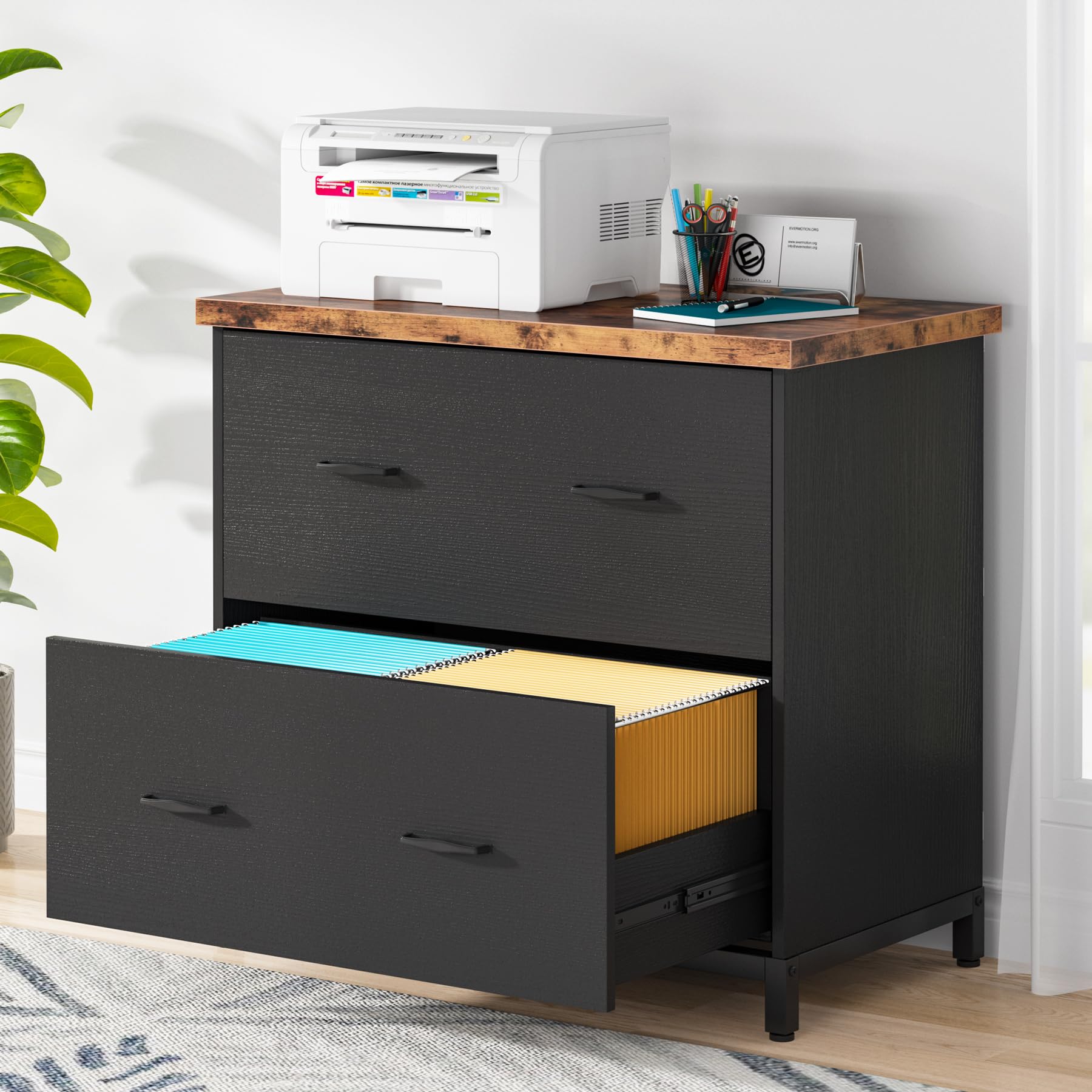 Tribesigns 2-Drawer Wood Lateral File Cabinet - Rustic Brown & Black Home Office Storage for A4 & Letter Size Documents | Perfect for Office Organization & Home Workspace