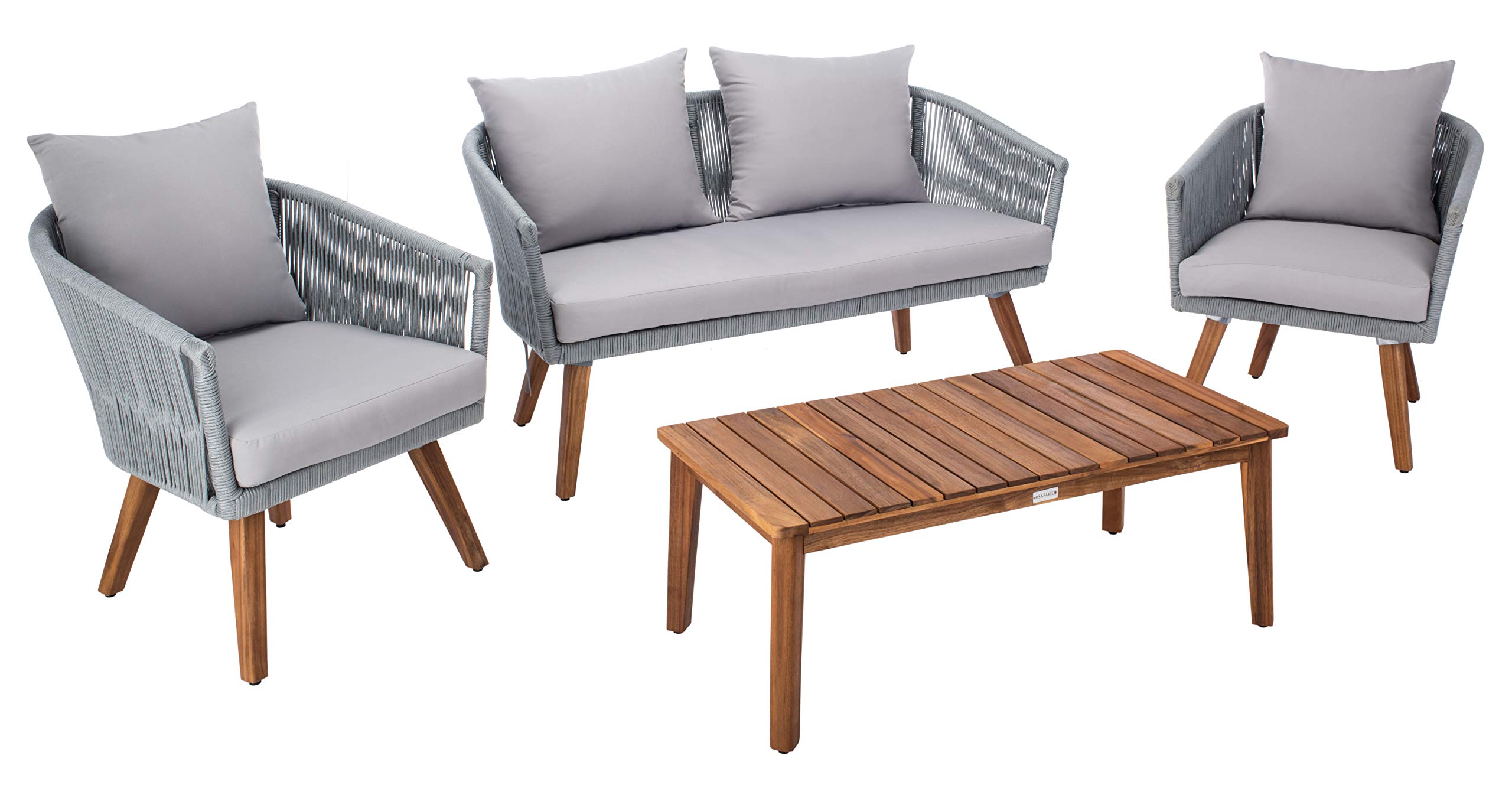 SAFAVIEH PAT7072A Outdoor Velso Rope 4-Piece Patio Set with Seat Cushions & Throw Pillows - Waterproof Garden Furniture for Backyard, Poolside or Deck - Perfect for Outdoor Relaxation & Entertaining