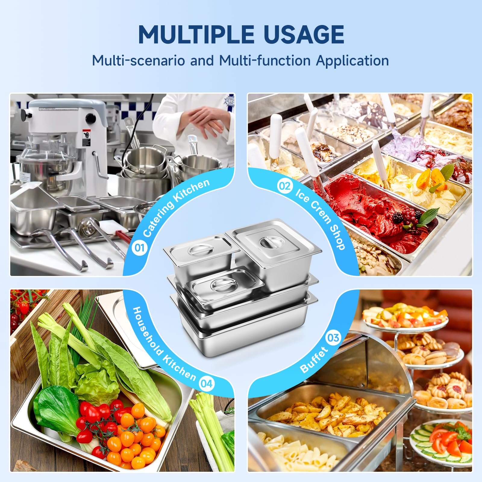 Commercial Stainless Steel Hotel Pan with Lids - 6 Pack Full Size 2.5