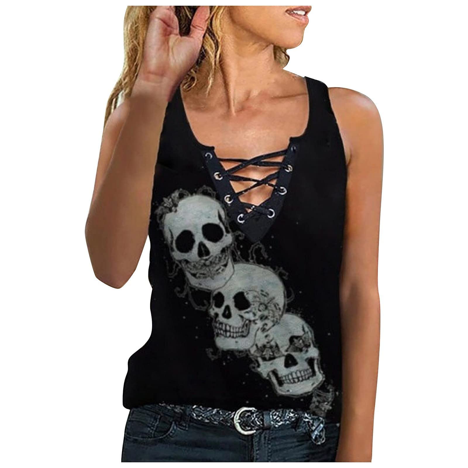 Women's Sleeveless Tank Tops with Skull Graphic Print - V Neck Drawstring Summer Blouses for Casual Wear, Gym & Beach Outfits