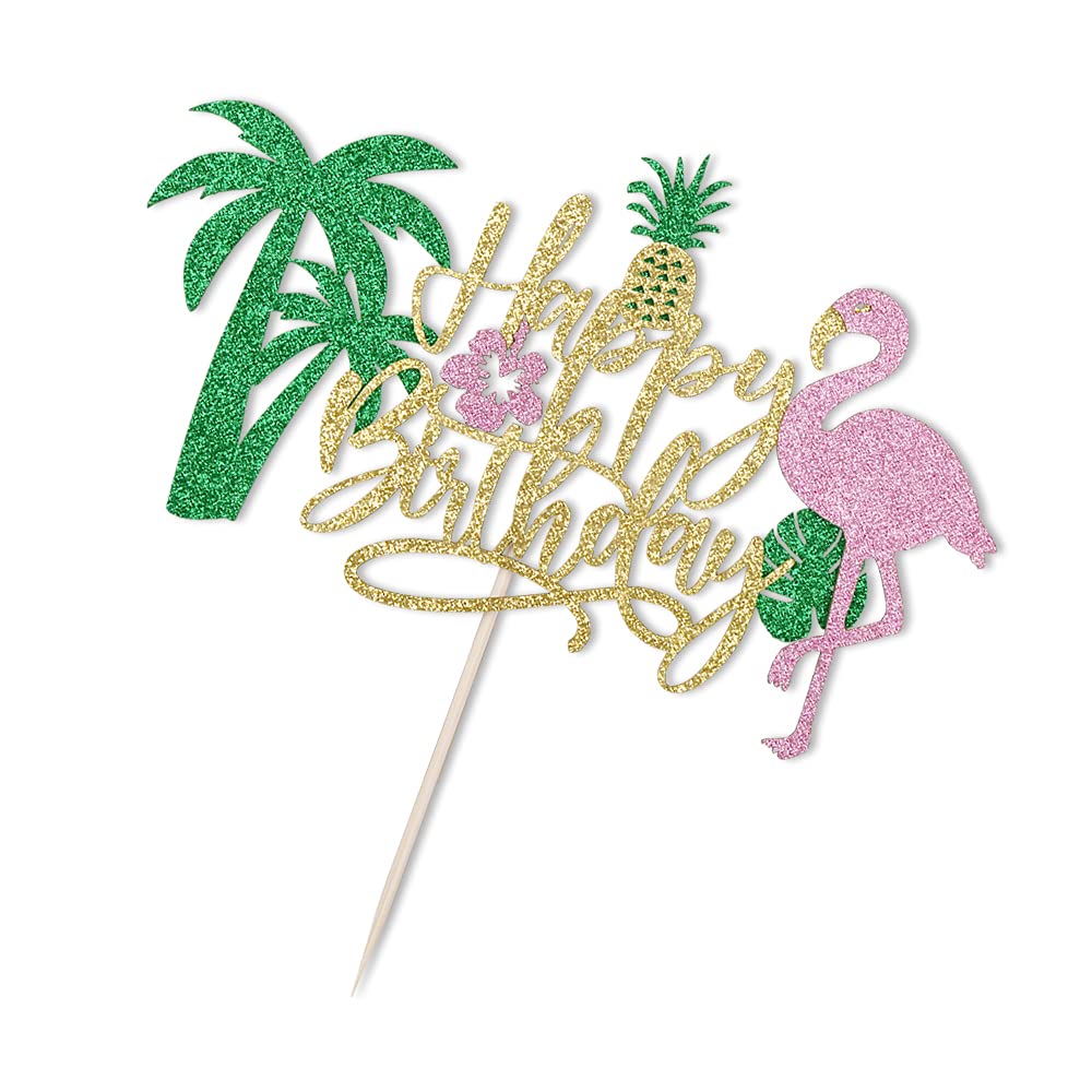 PALASASA Glitter Flamingo Happy Birthday Cake Topper - Tropical Pineapple Hawaiian Luau Theme Party Decorations for Kids, Boys & Girls | Perfect for Birthday Cakes, Cupcakes & Tropical Themed Parties