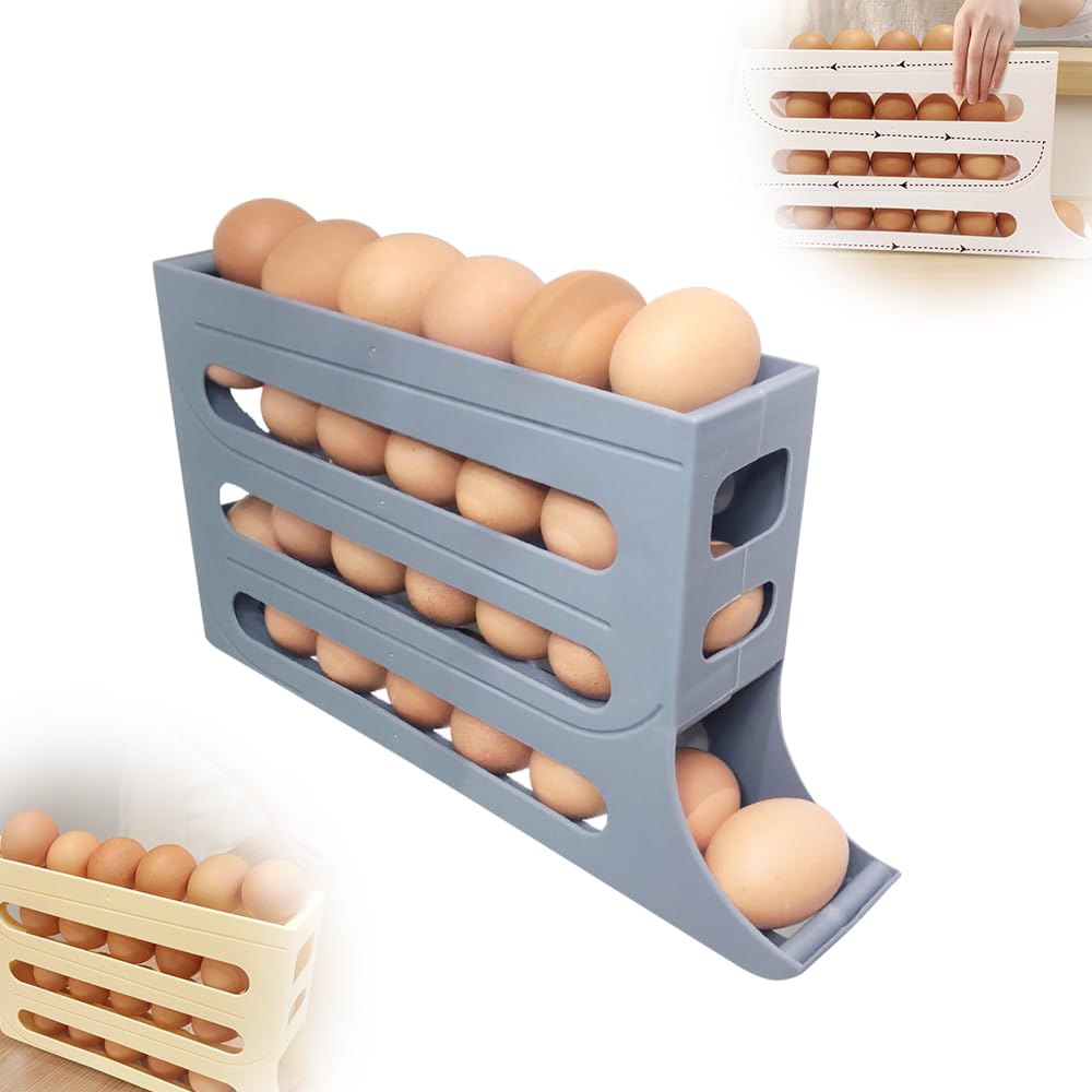 2024 Auto Rolling 4-Tier Fridge Egg Holder Organizer - Large Capacity Space-Saving Egg Dispenser Storage Rack for Kitchen Refrigerator (Grey) | Perfect for Fresh Egg Storage & Organization in Home, Restaurant, or Cafe