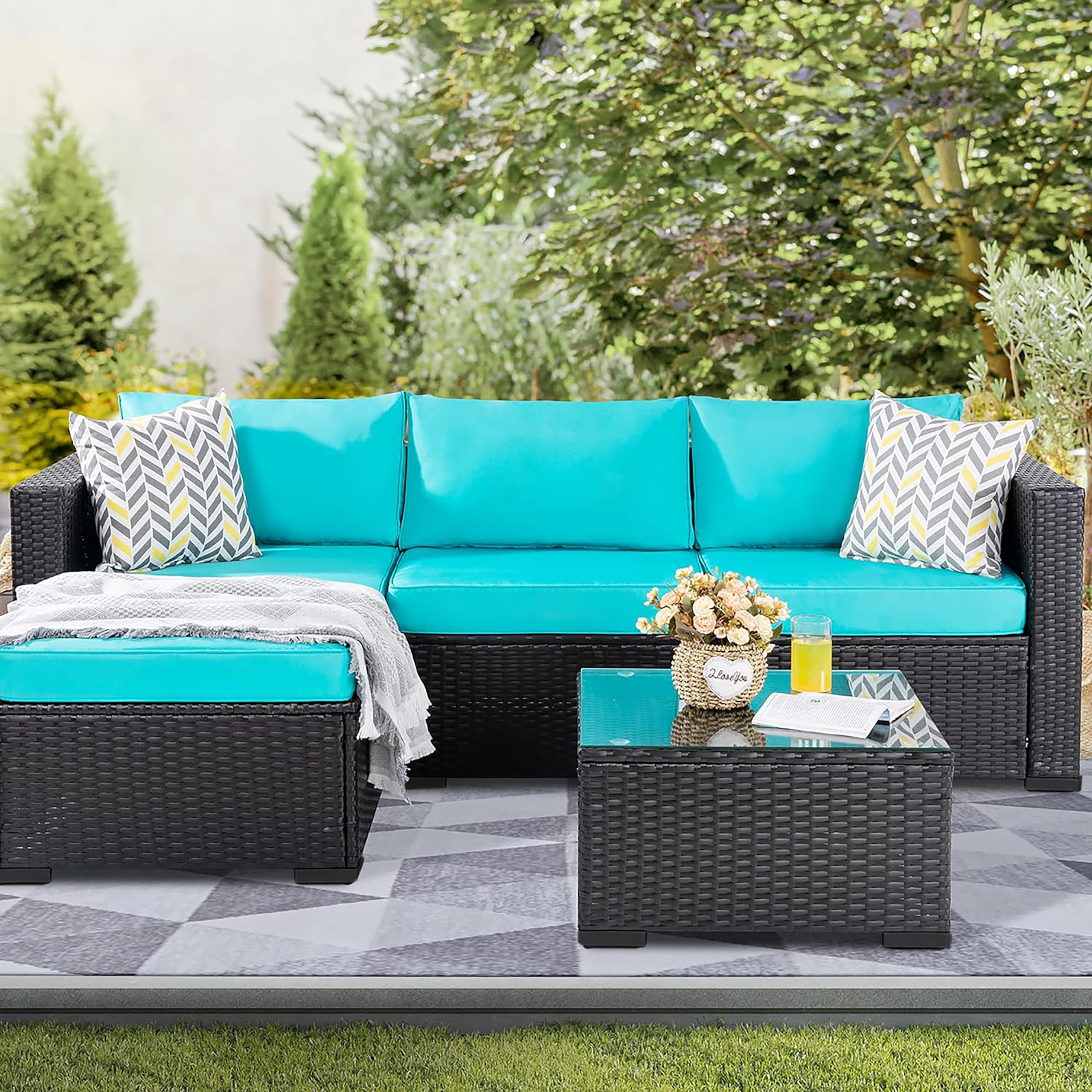 Shintenchi 3-Piece Outdoor Wicker Patio Sofa Set - All-Weather Rattan Sectional with Chaise Lounge, Glass Coffee Table & Washable Blue Cushions - Perfect for Backyard, Garden, Poolside or Balcony Relaxation