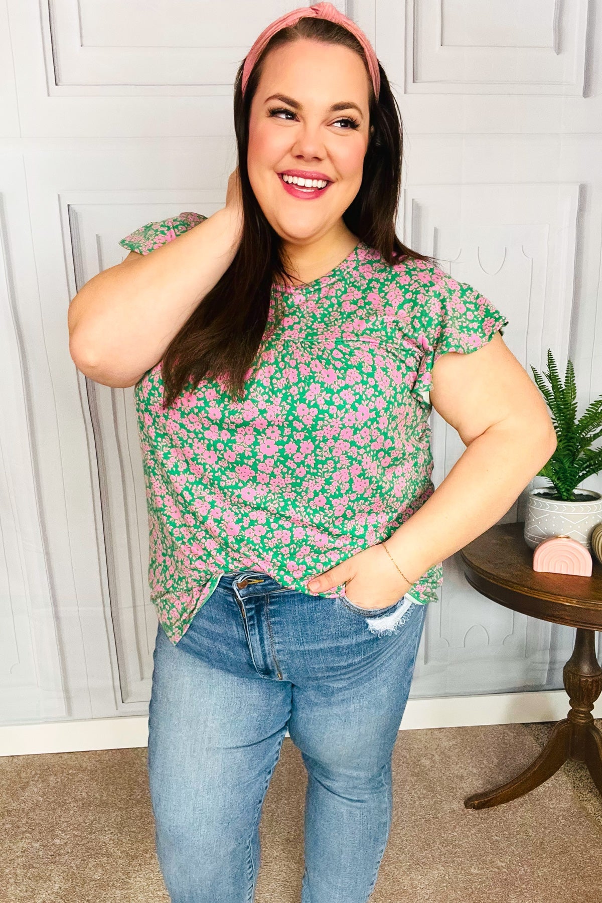 Dreamy Green & Pink Floral Ruffle Short Sleeve Blouse - Women's Boho Chic Yoke Top for Summer Outfits, Date Nights & Beach Vacations
