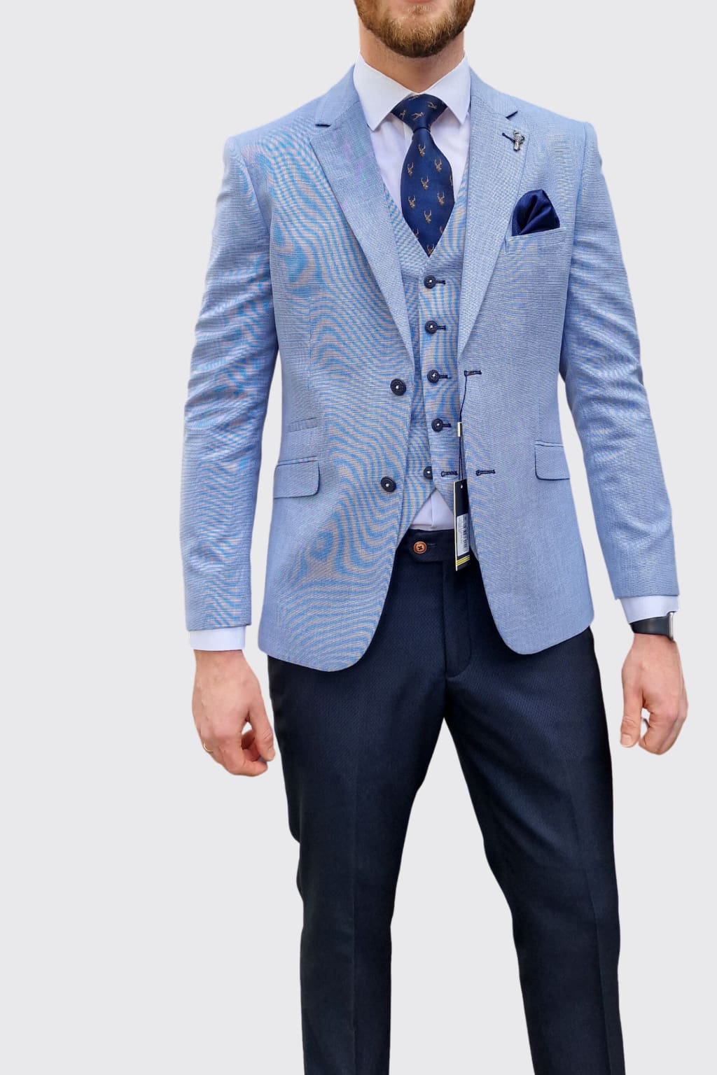 Cavani Miami Sky Blue Suit with Navy Trousers for Men | Premium Slim Fit Business Suit | Perfect for Weddings, Business Meetings & Formal Events