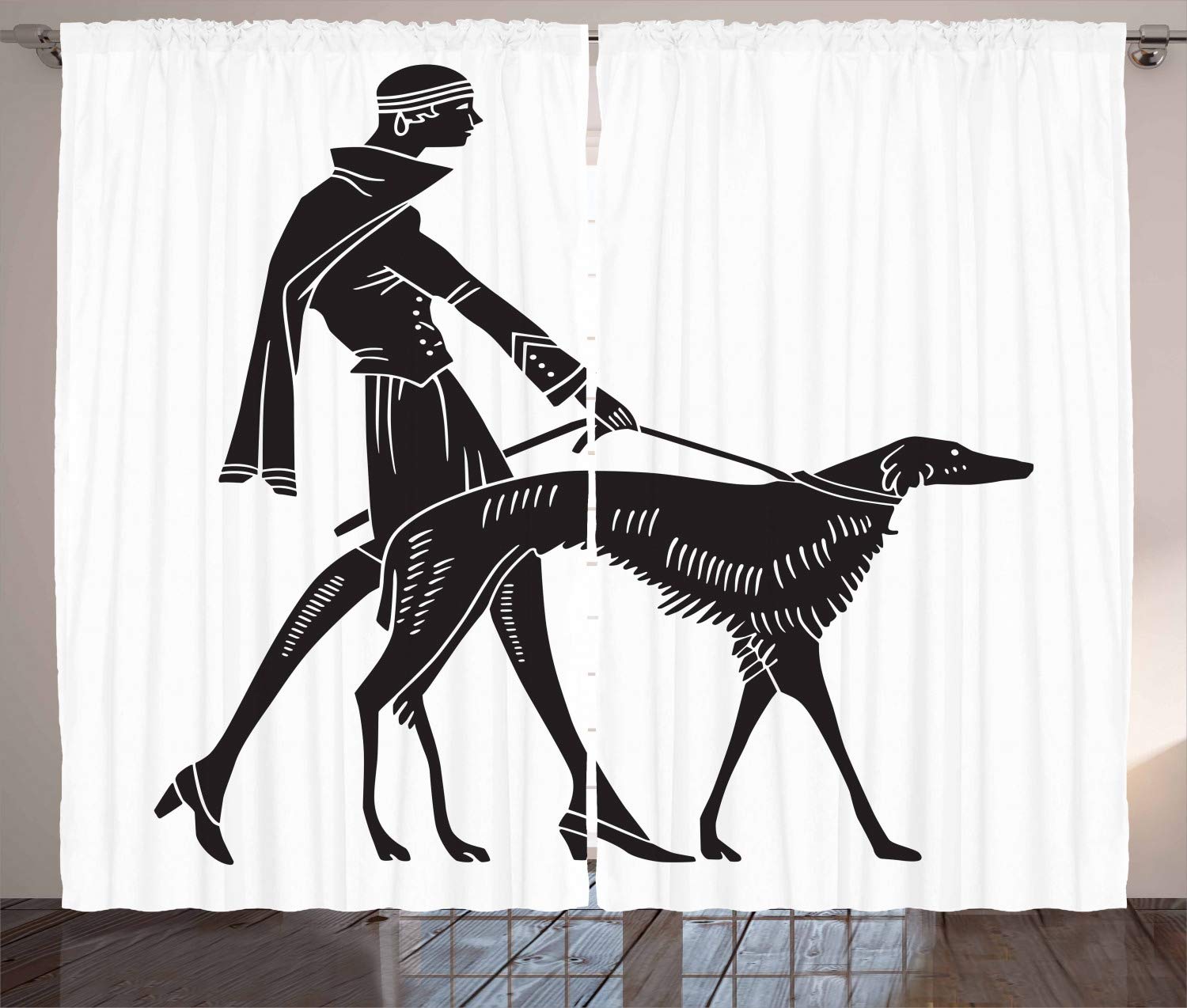 Ambesonne Art Nouveau Curtains - Elegant Woman Walking Dog Illustration, Black & White Window Drapes for Living Room & Bedroom, 2 Panel Set (108x96 Inches) - Perfect for Vintage Home Decor & Bohemian Style Interiors