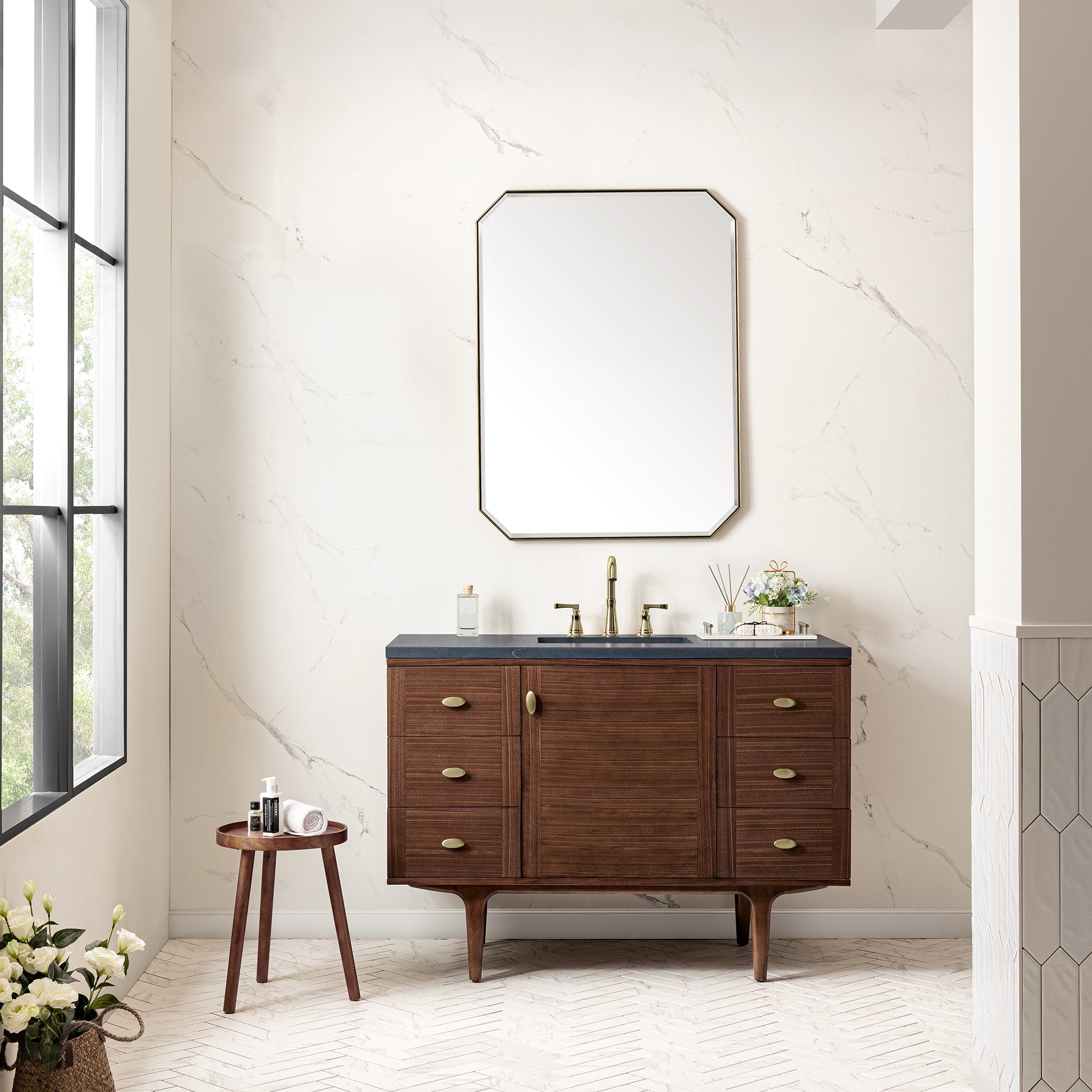 Amberly 48 Inch Single Bathroom Vanity with Mid Century Walnut Finish & 3CM Charcoal Soapstone Top - Perfect for Modern Farmhouse, Scandinavian & Coastal Bathroom Designs