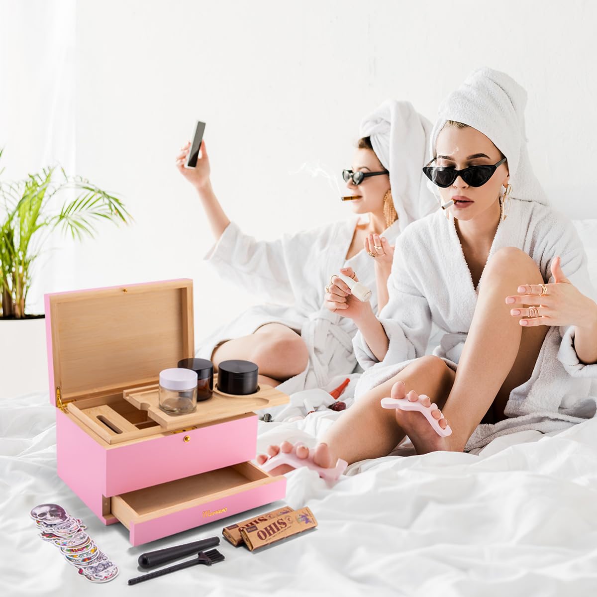 Premium Bamboo Stash Box with Lock - Smell Proof Storage Container with Rolling Tray, Glass Jar & Grid - Decorative Organizer for Herbs, Jewelry & Valuables - Perfect for Home, Travel & Discreet Storage (Pink)
