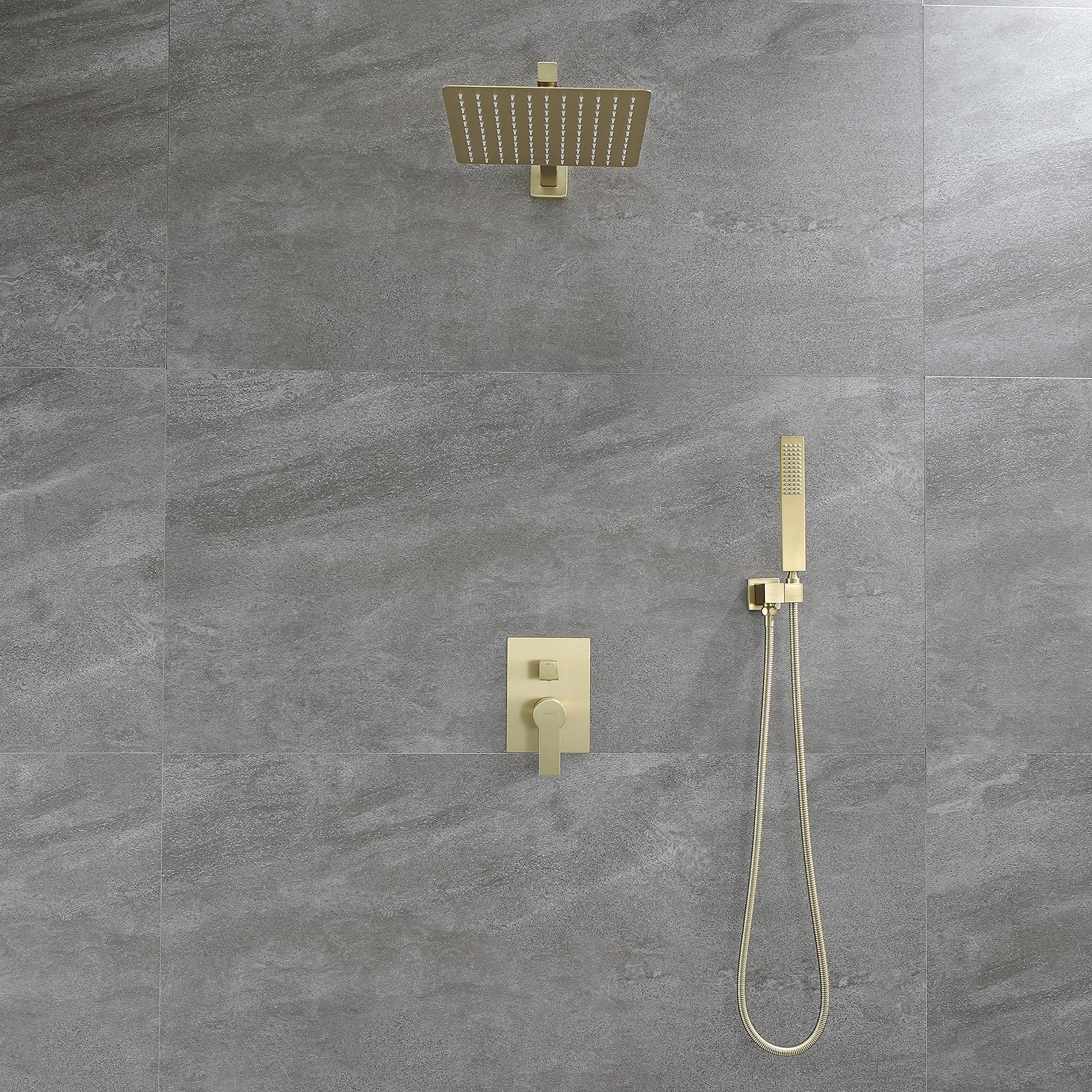 SHAMANDA 10-Inch Rain Shower Head with Handheld Sprayer - Pressure Balancing Shower System Combo Set in Brushed Gold - Wall Mount Bathroom Faucet with Rough-In Valve (Model L701-3) - Perfect for Luxurious Spa-Like Showers and Modern Bathroom Upgrades
