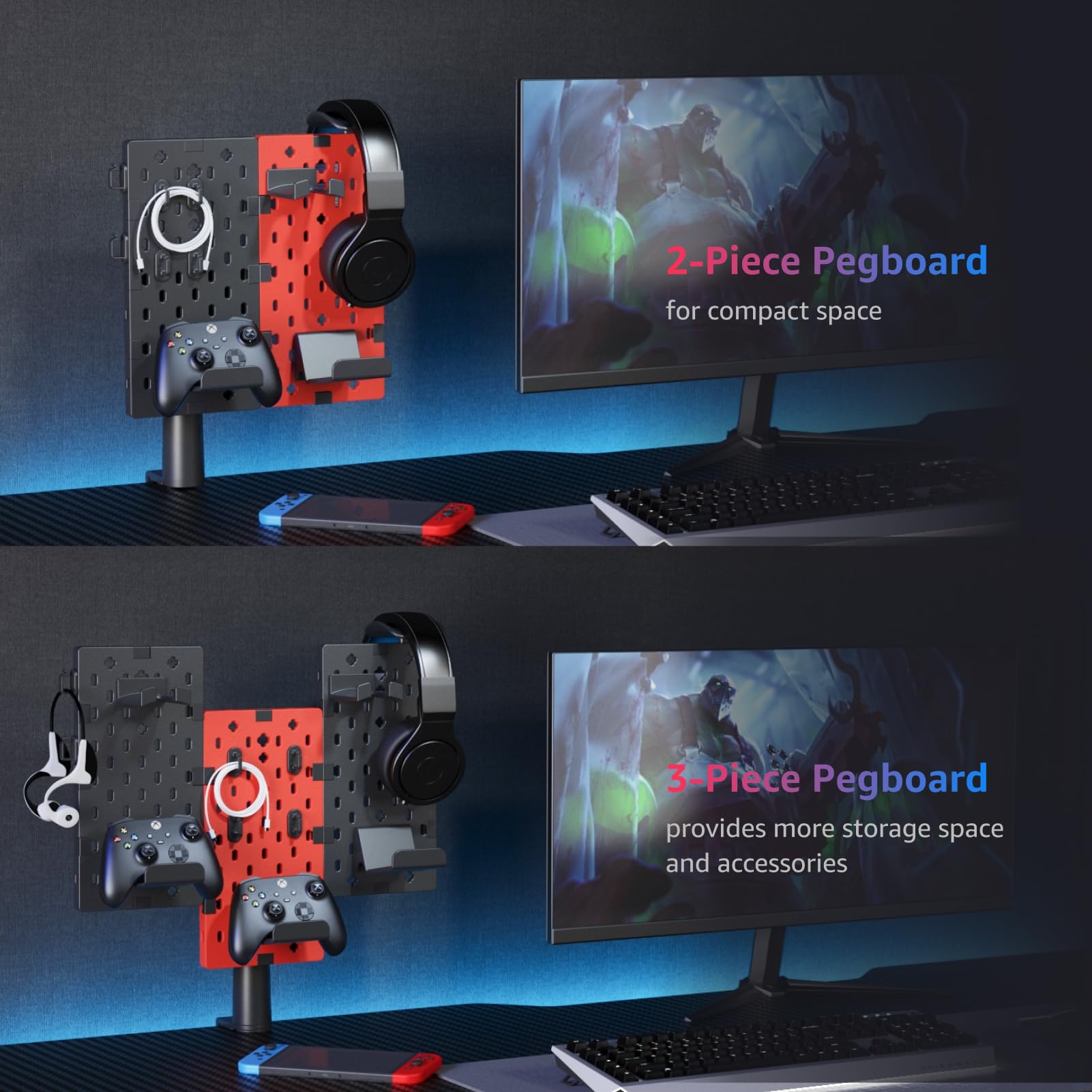 PEGZONE Modular Headphone & Controller Holder - Rotatable Gaming Stand with Cable Hooks for Xbox PS5 PS4 Nintendo Switch | Clamp-on Pegboard Organizer (3-Piece Set, Red) | Perfect for Gaming Setup & Desk Organization