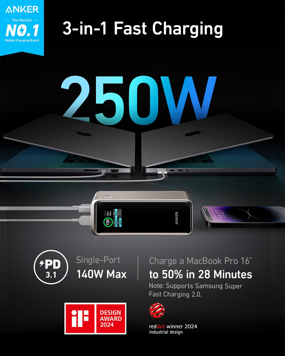 Anker Prime 27,650mAh 250W Portable Charger - 3-Port Fast Charging Power Bank for MacBook Pro/Air, iPhone 16/15/14, Samsung Galaxy - TSA Approved Travel Charger with Smart App Control | Perfect for Business Trips, Camping & Emergency Power Backup
