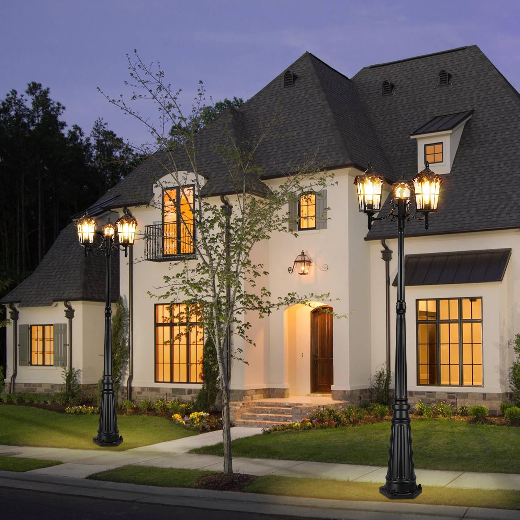 Black Roman Outdoor Lamp Post - Triple Head Aluminum Street Light with Water Glass, Waterproof Pole Lighting for Backyard, Garden, Patio, Driveway | Durable & Elegant Exterior Lighting for Pathways, Landscaping & Outdoor Decor