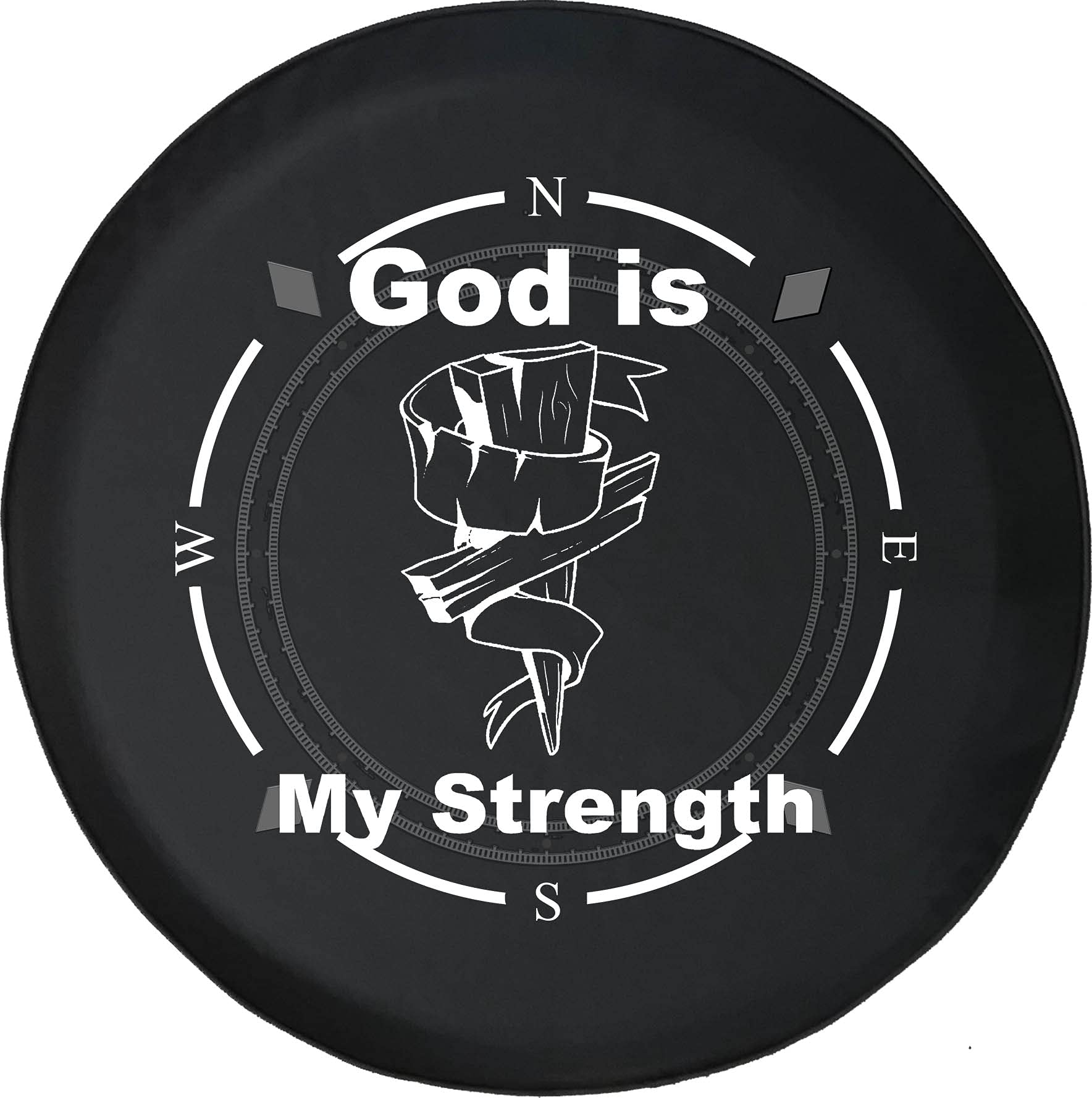 American Unlimited Spare Tire Cover with Wooden Cross Design - 'God is My Strength' Jesus Wheel Cover for SUV, Trailer, RV Accessories | Durable & Weatherproof for Off-Road Adventures & Christian Faith Expression