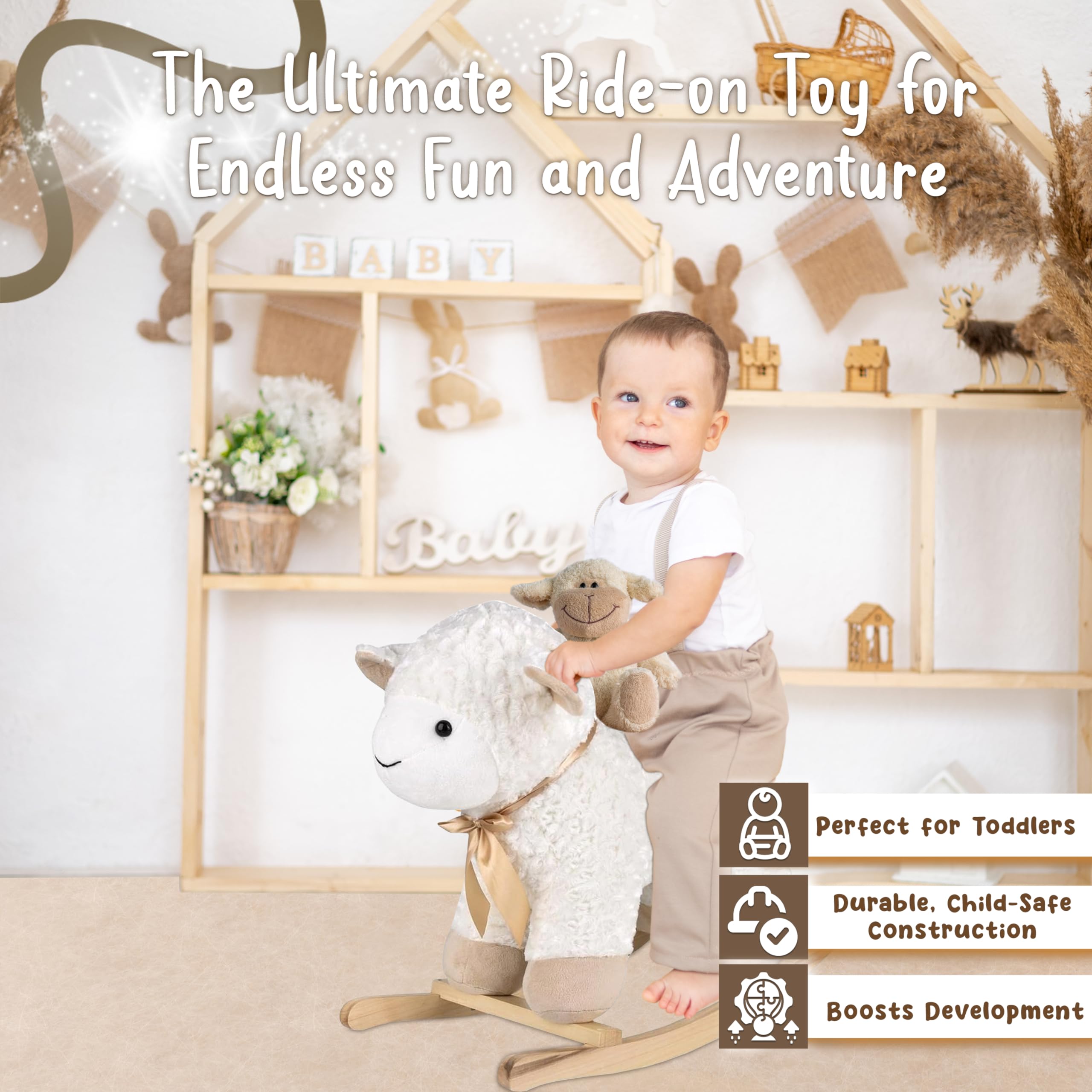 Forest & Twelfth Rocking Shiloh Sheep Ride-On Toy - Soft Stuffed Animal Rocker for Toddlers 18+ Months | Safe & Fun Nursery Decor, First Birthday Gift, Interactive Playtime Companion for Boys & Girls