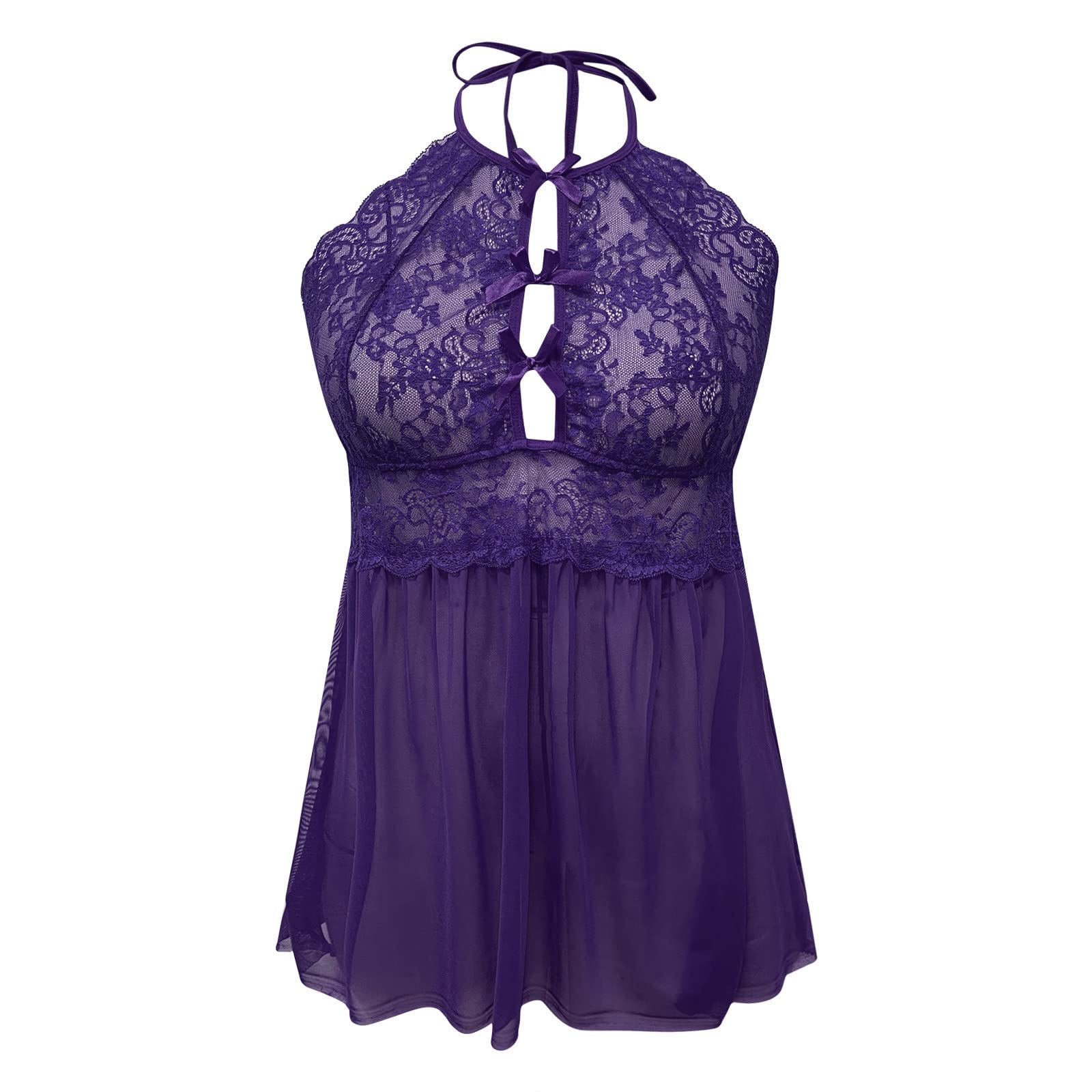 Plus Size Babydoll Lingerie for Women - Sexy Lace Chemise Nightgown with Mesh See-Through Design & Halter Neck - Perfect for Valentine's Day, Honeymoon or Romantic Nights