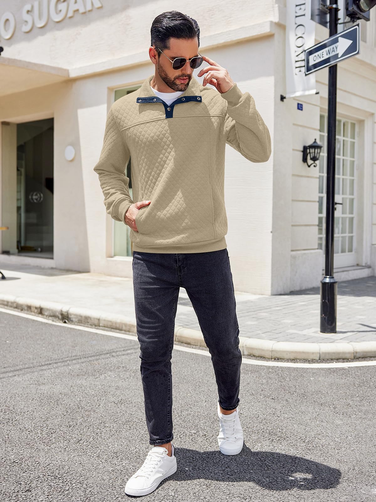 COOFANDY Men's Quilted Quarter Sweatshirt - Long Sleeve Mock Neck Waffle Knit Pullover with Pockets | Casual & Athletic Wear for Outdoor Activities, Workouts, and Everyday Style