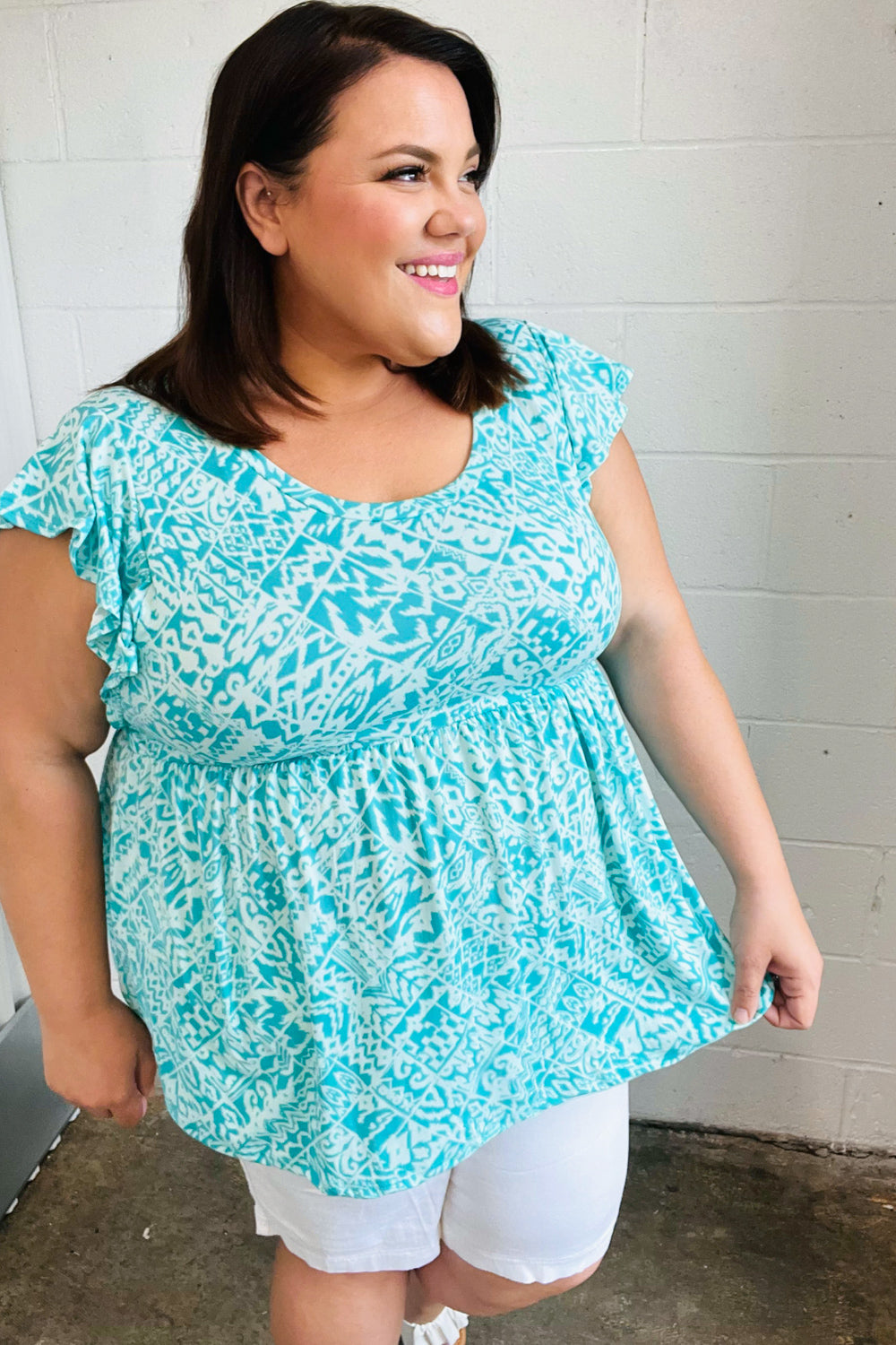 Aqua Blue Boho Print Ruffle Short Sleeve Babydoll Top - Flowy Summer Blouse for Beach, Music Festivals & Casual Outings