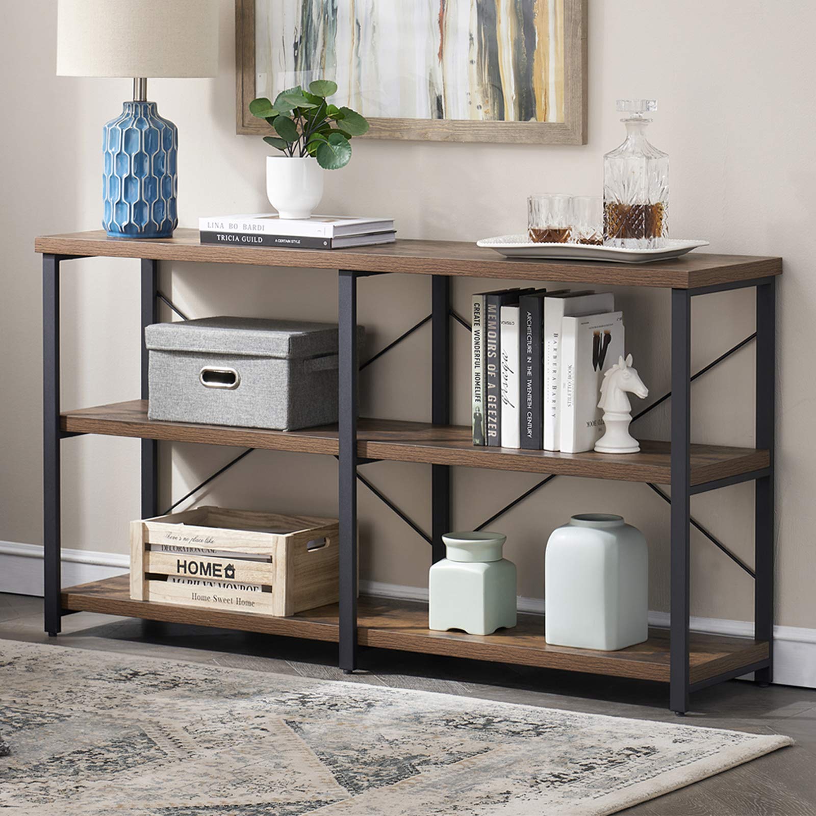 GRELO HOME 55 Inch Industrial Console Table with 3-Tier Open Shelves - Rustic Brown Entryway Table, Sofa TV Stand for Living Room | Perfect for Hallway Decor, Farmhouse Style Home & Small Space Storage Solutions