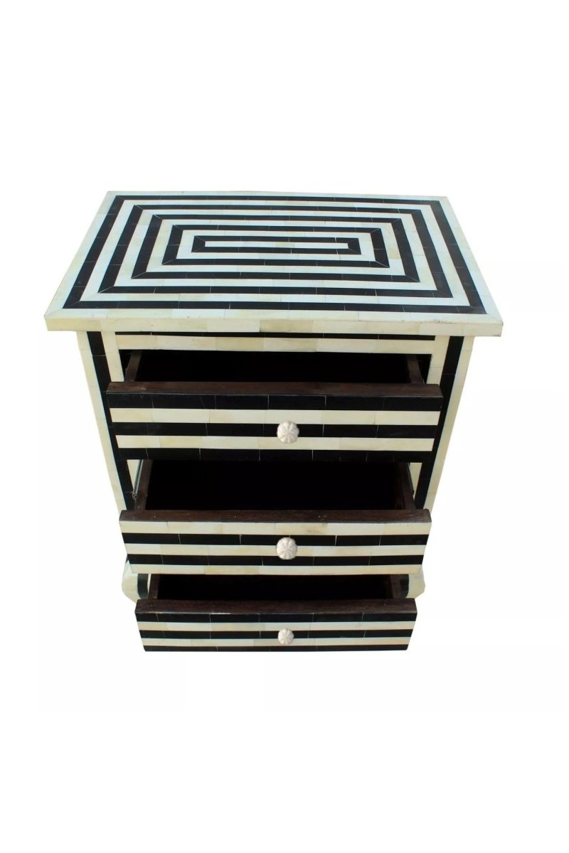 Handmade Bone Inlay Zebra Design Nightstand - Black Wooden Bedside Table for Modern Bedroom Decor | Stylish End Table with Storage for Small Spaces