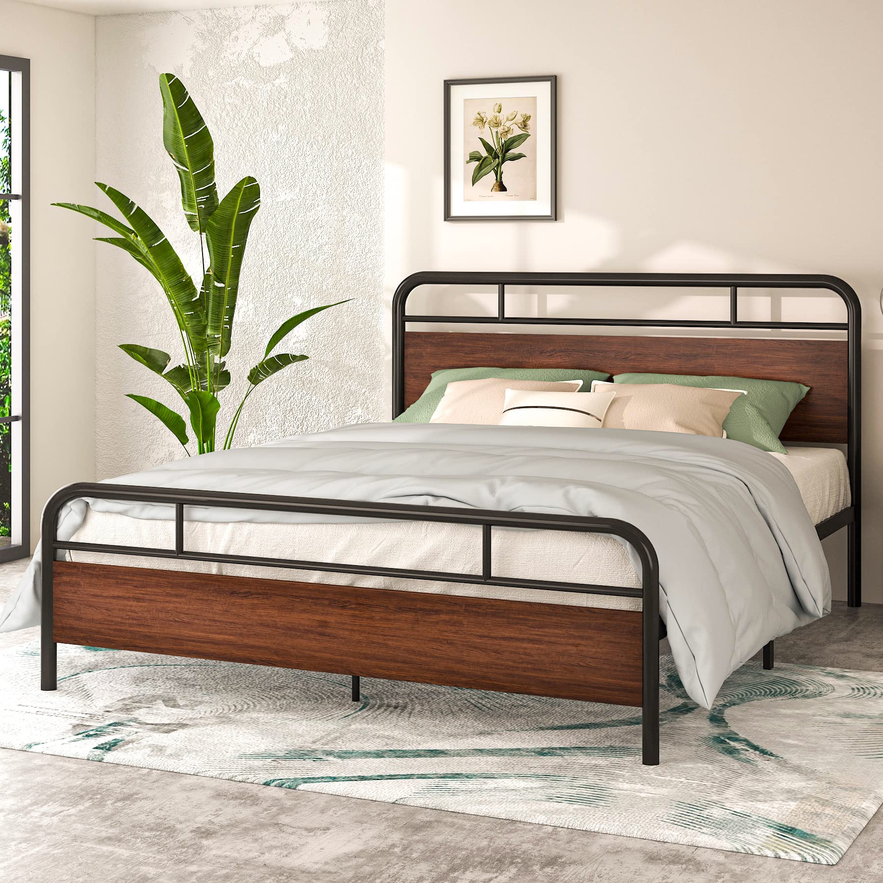 Industrial Style Queen Bed Frame with Wood Headboard - 12