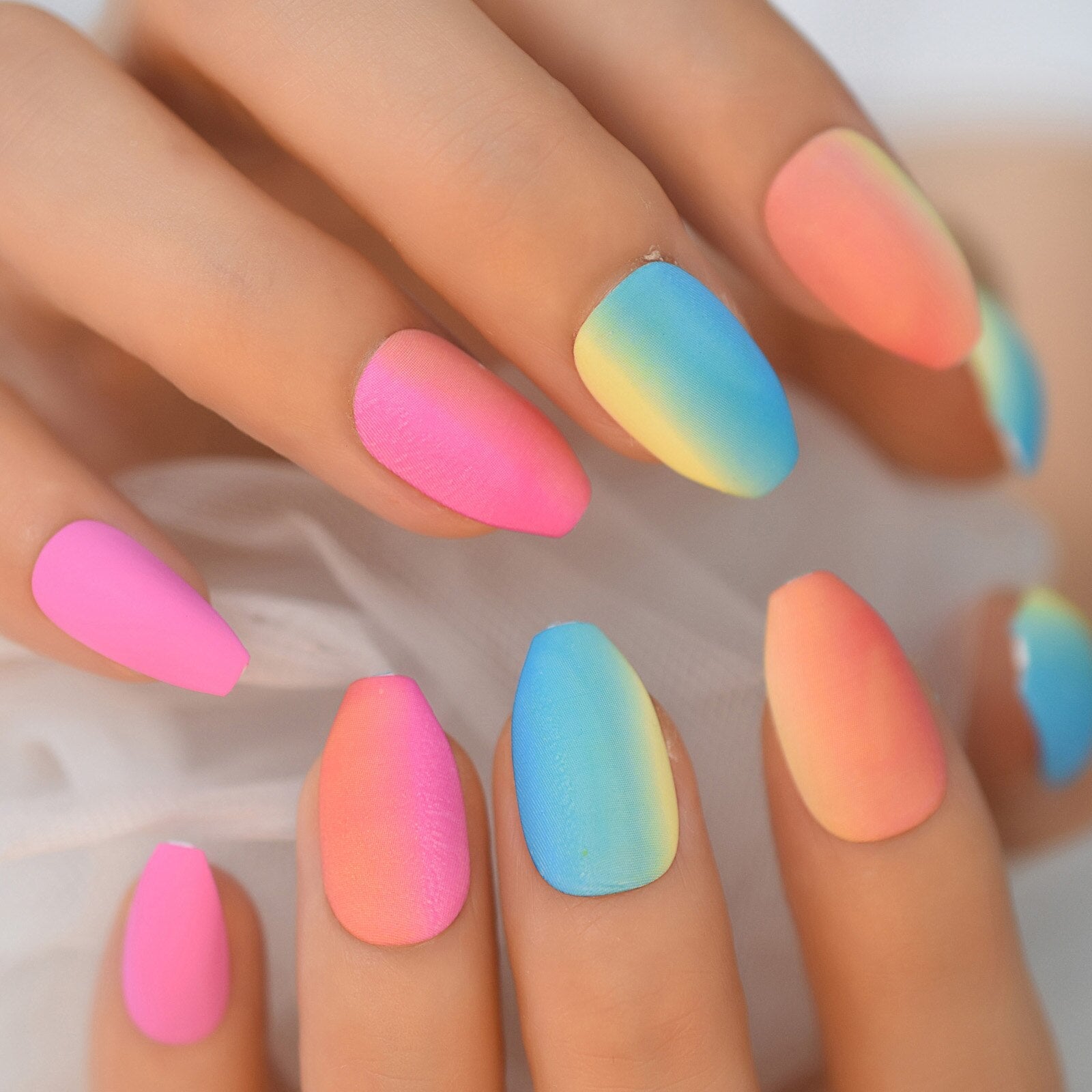 Gradient Rainbow Ombre French Press on Fake Nails - Almond Stiletto Oval Pointed False Nails for Manicure & Nail Art - Perfect for Parties, Weddings, and Special Occasions