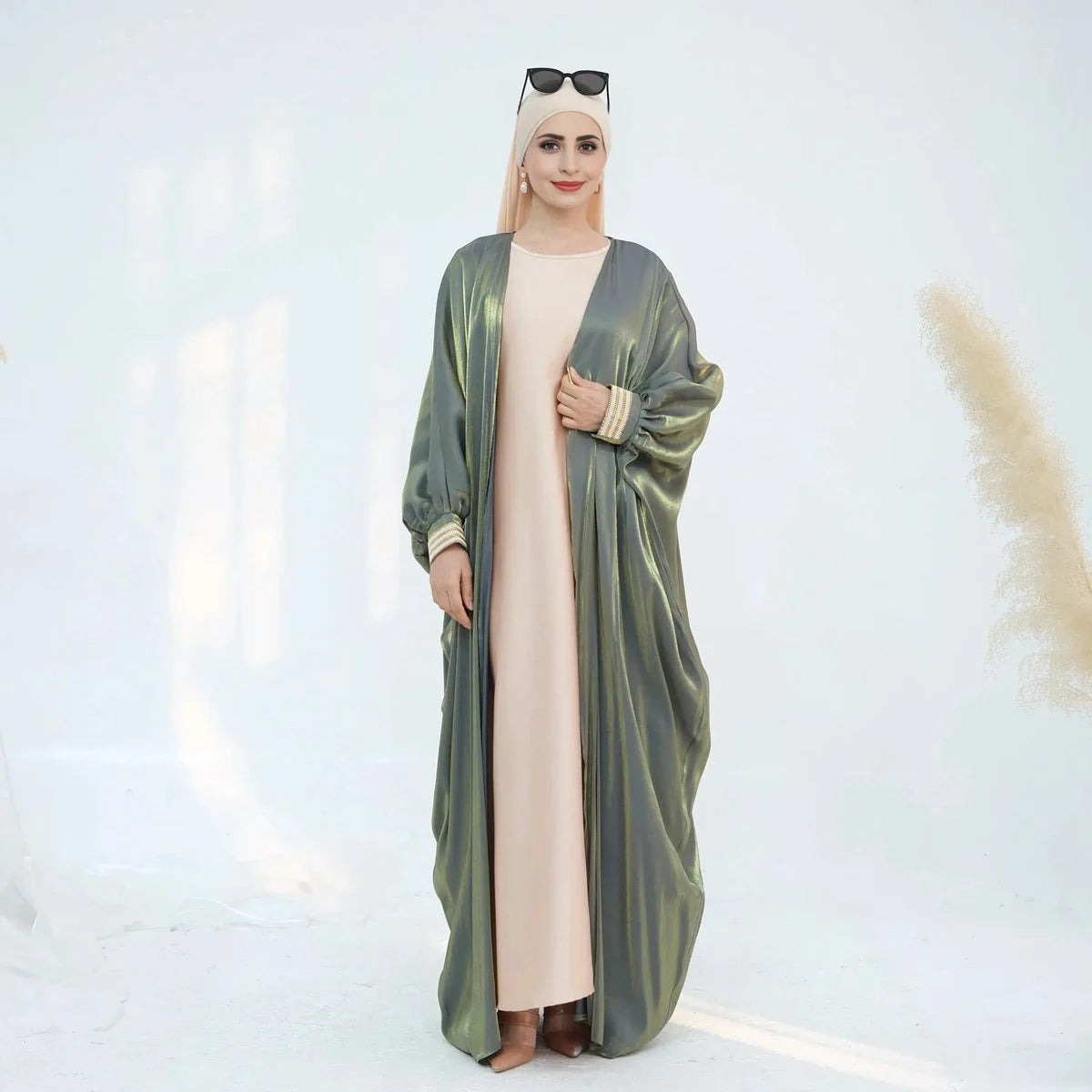Gleam Cardigan Open Abaya Dress #25848 - Elegant Muslim Women's Long Kimono Cover-Up for Prayer, Home & Special Occasions