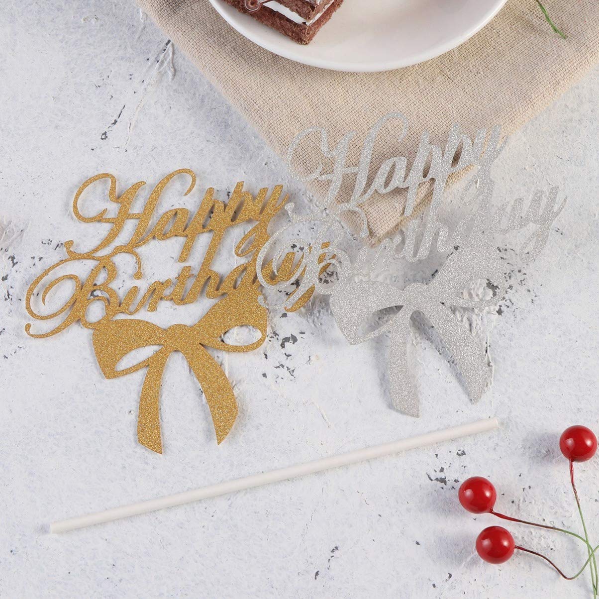 10Pcs Gold Glitter Paper Bow Cake Toppers - Elegant Cupcake Decorations for Birthday, Wedding, Dessert Table & Party Supplies - Cake Decorating, Fruit Picks & Sweet Treat Decorative Accessories