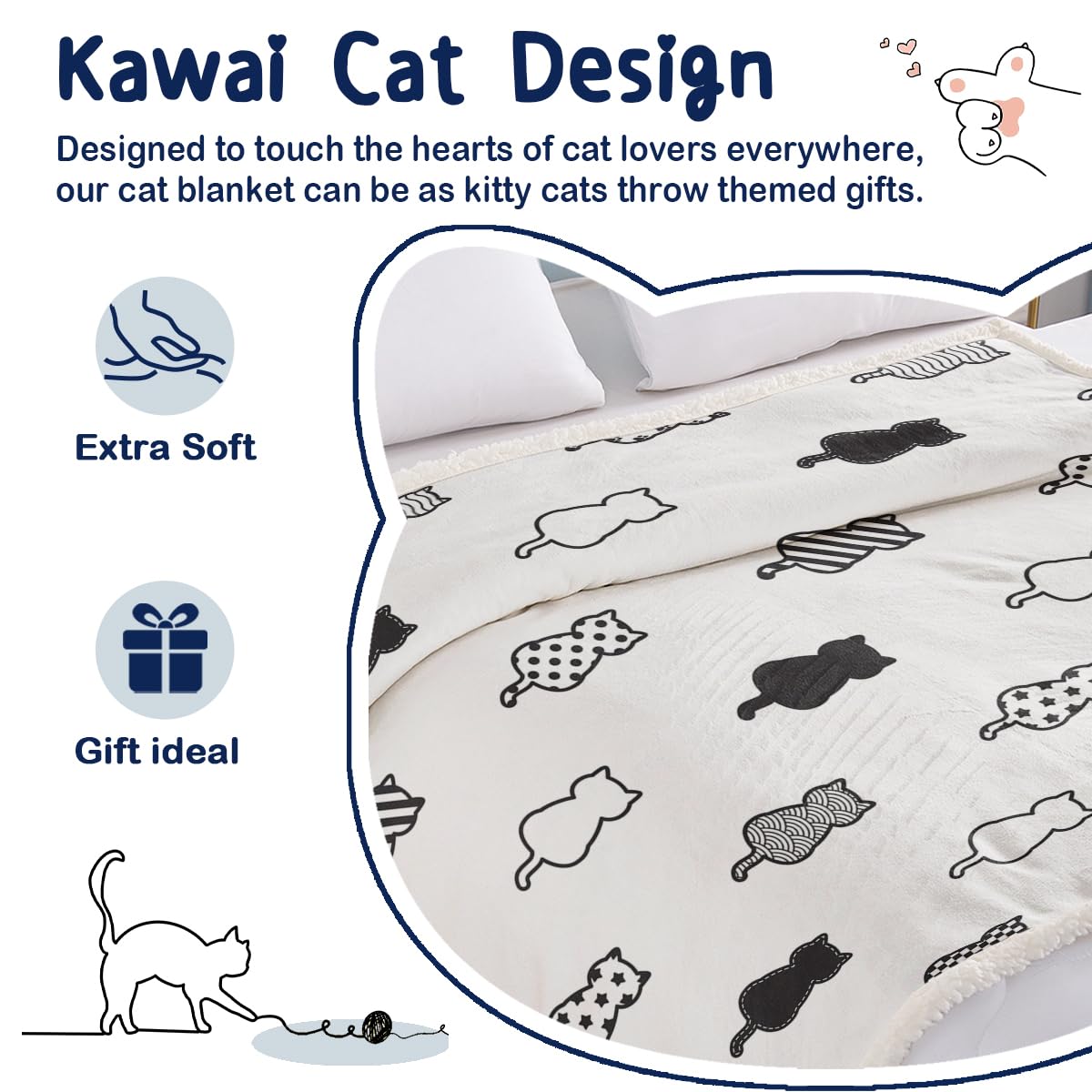SOULZZZ Soft Fleece Sherpa Cat Blanket - Cozy Plush Throw for Women, Girls & Cat Lovers - Cute Kawaii Kitten Design (50x60 Inches, Black & White) - Perfect for Bed, Sofa, Reading Nook & Gift Giving