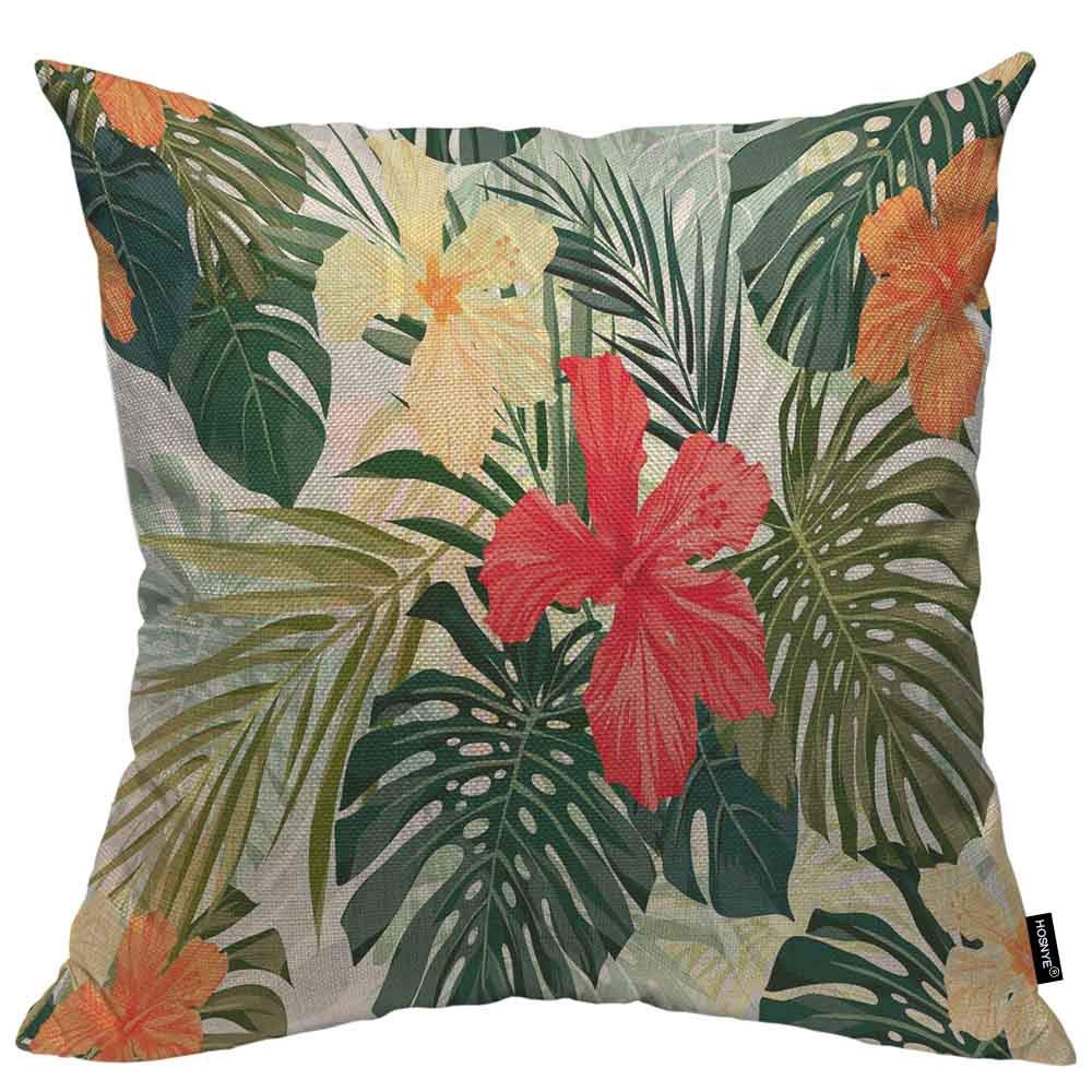 HOSNYE 20x20 Inch Hibiscus Flowers Throw Pillow Cover - Tropical Hawaiian Summer Decor, Colorful Palm Leaf Design Square Cushion Case for Sofa, Bedroom & Outdoor Patio Decor