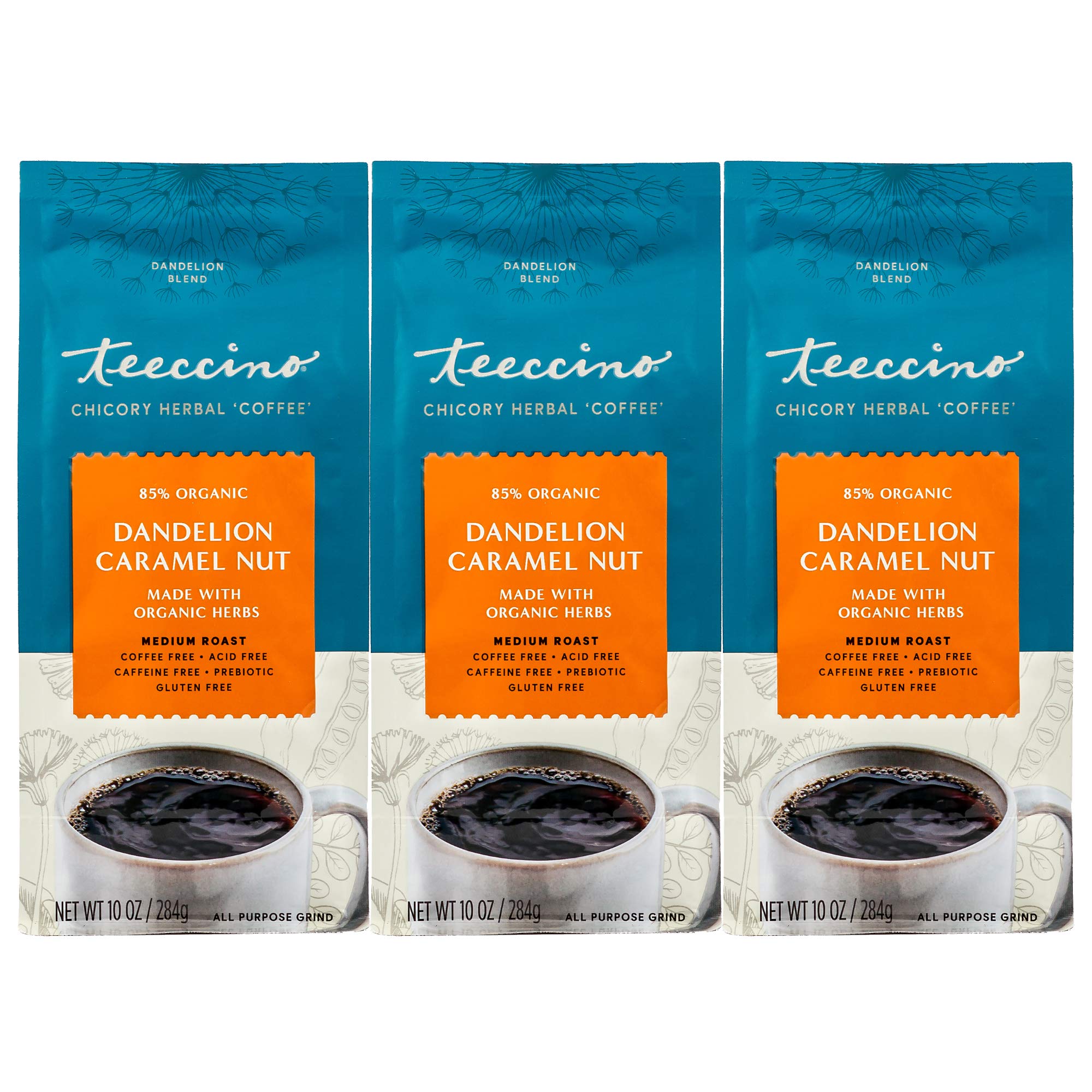 Teeccino Dandelion Caramel Nut Herbal Coffee - Caffeine-Free, Prebiotic, Gluten-Free, Acid-Free Medium Roast Coffee Alternative - 10 oz (Pack of 3) - Perfect for Morning Brew, Afternoon Pick-Me-Up & Digestive Health