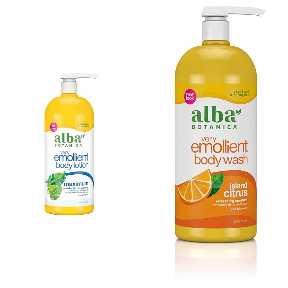 Alba Botanica Very Emollient Body Lotion & Body Wash Set - Maximum Hydration for Dry Skin, 32 Oz Each, Island Citrus Scent - Perfect for Daily Moisturizing & Showering Routine