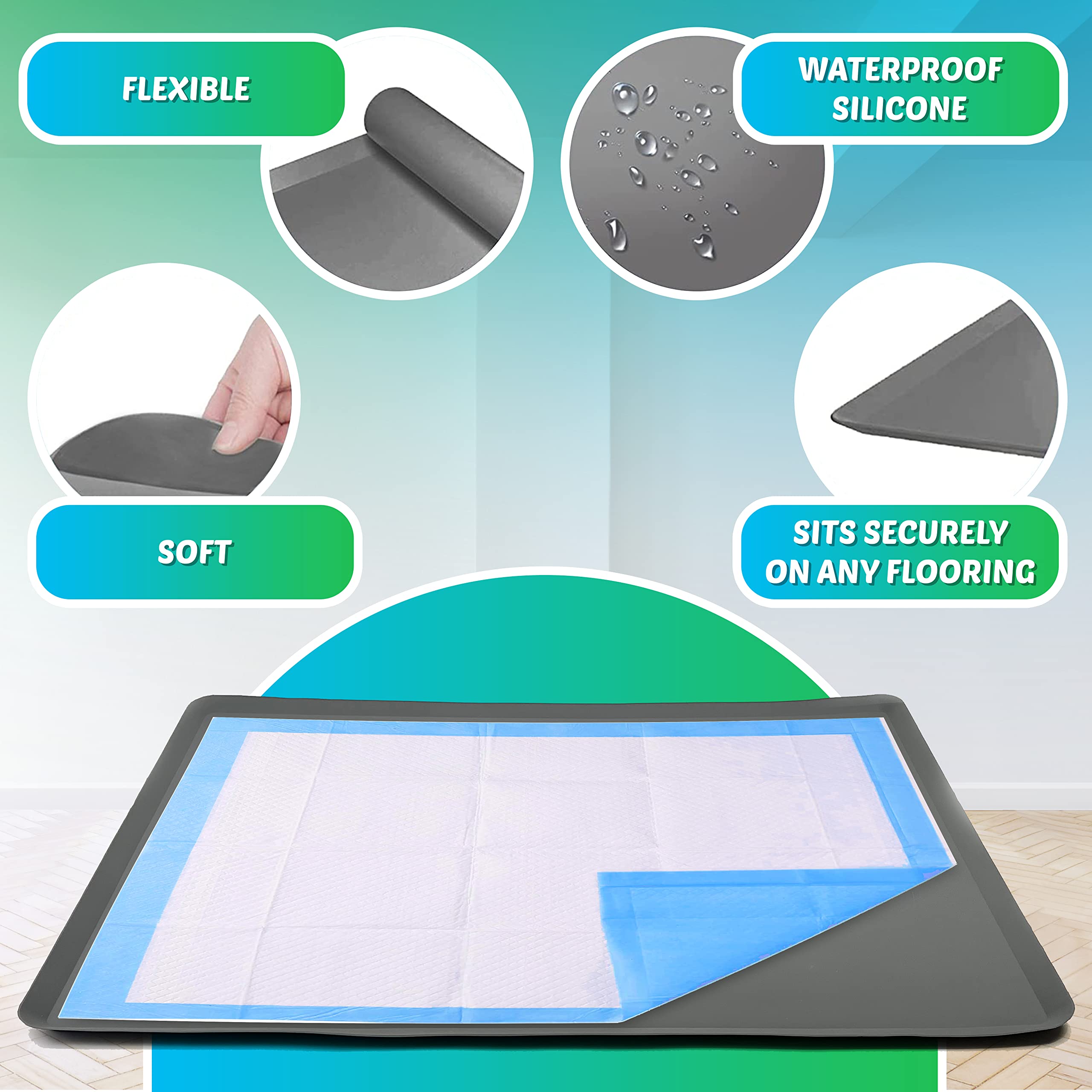 **Skywin 36 x 36 Inch No-Spill Leakproof Silicone Puppy Pad Holder - Easy to Clean, Washable & Reusable for Dogs & Cats - Perfect for Crates, Floors & Training (Grey)**