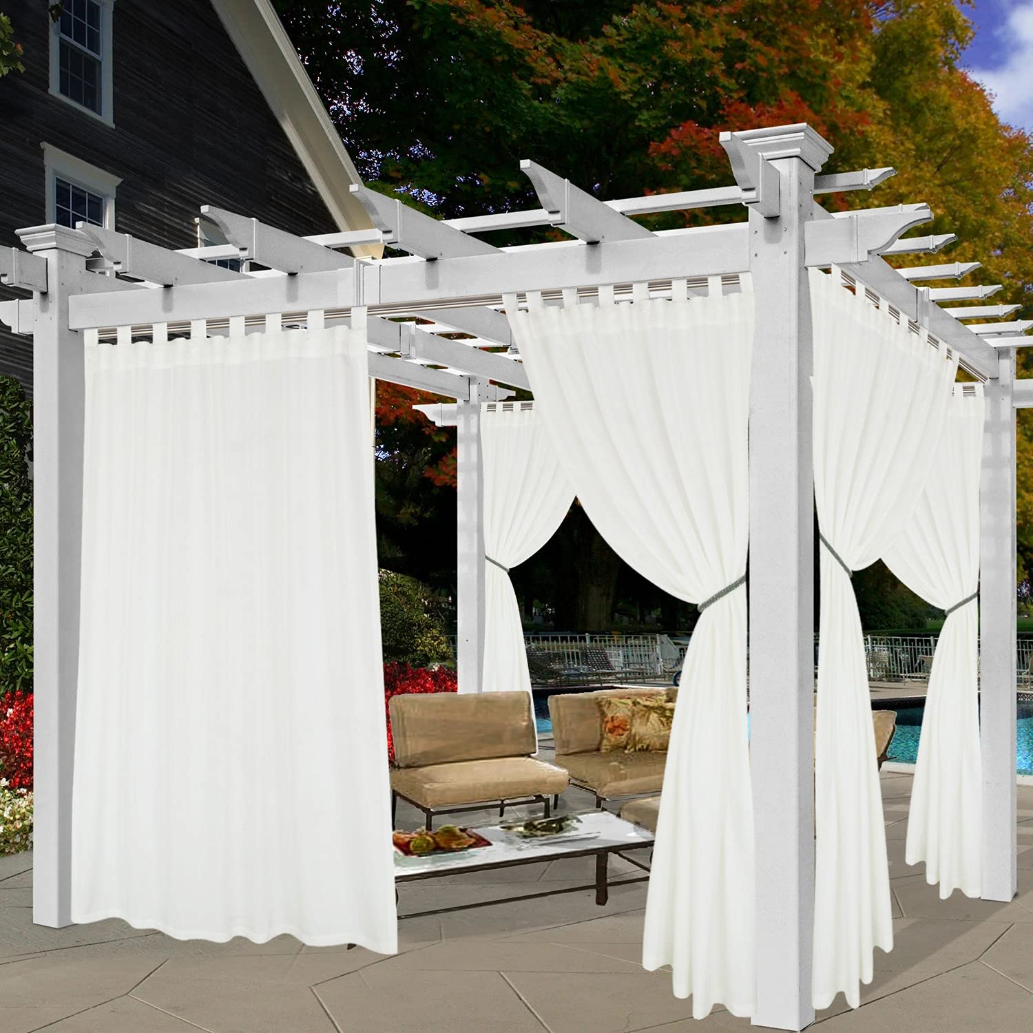 BONZER Waterproof Tab Top Curtains 52x84 Inch - Ivory Indoor/Outdoor Privacy Drapes for Patio, Bedroom, Living Room, Pergola & Deck | Sunroom Window Treatments & Outdoor Shade Solutions