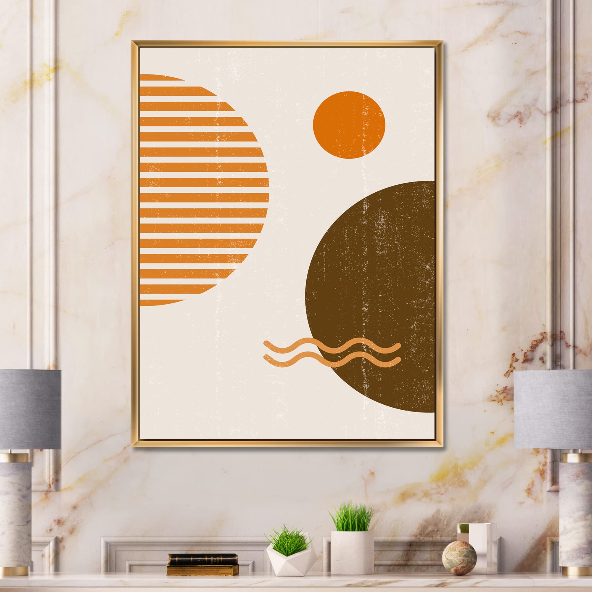 Abstract Minimal Sun and Moon Wall Art - Earth Tone Framed Canvas Print for Living Room & Bedroom Decor | Modern Home & Office Wall Decor
