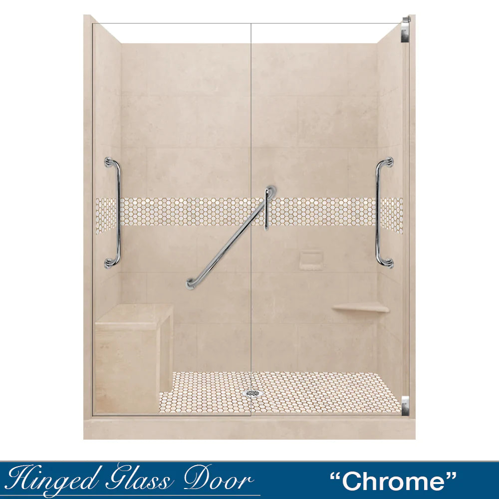 60 Alcove Desert Sand Sistine Stone & Honey Hex Mosaic Tile Accent - DIY Shower Remodel Kit with Free Shampoo Niche | Bathroom Wall & Floor Tile for Shower Backsplash, Bathroom Renovation, and Home Decor