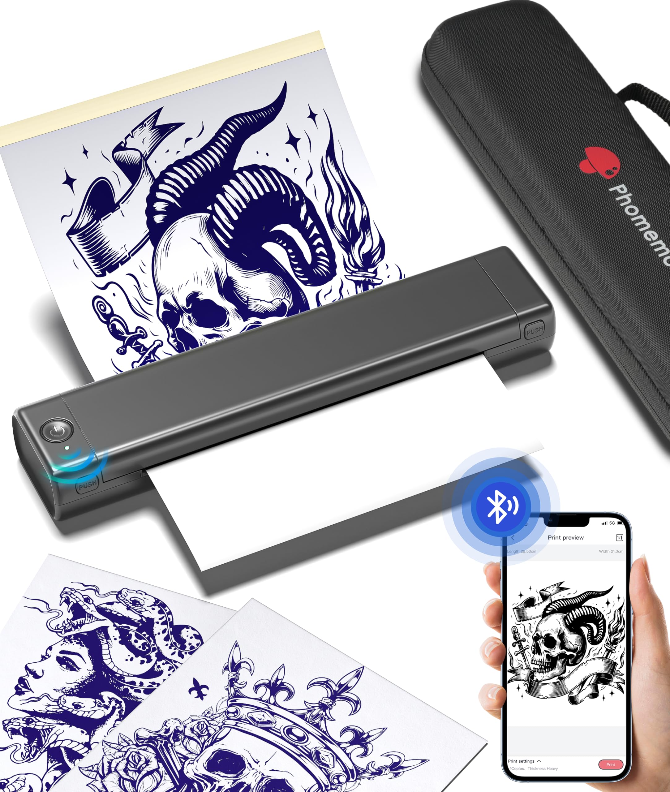 Phomemo Bluetooth Tattoo Stencil Printer - Wireless Thermal Tattoo Transfer Machine for Professional Artists & Beginners | Compatible with iPhone, Android & PC | Includes Storage Case & 10 Free Transfer Papers (Grey) | Perfect for Tattoo Studios, Home Use & Mobile Artists