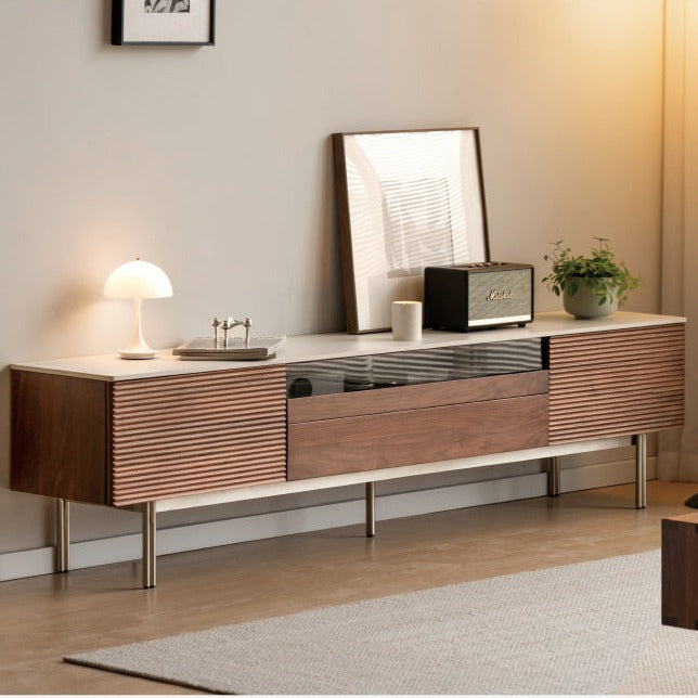 Modern Black Walnut Solid Wood TV Stand with Rock Panel Design - Stylish Entertainment Center for Living Room, Home Theater & Media Storage