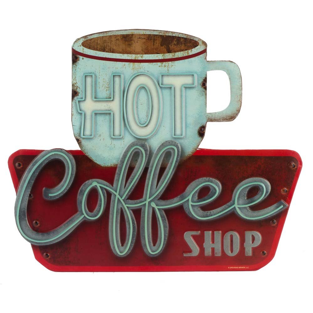 Vintage Hot Coffee Shop Embossed Metal Sign - Retro Diner Wall Decor for Kitchen, Office & Coffee Bar - Perfect for Cafe Theme, Man Cave & Home Decor