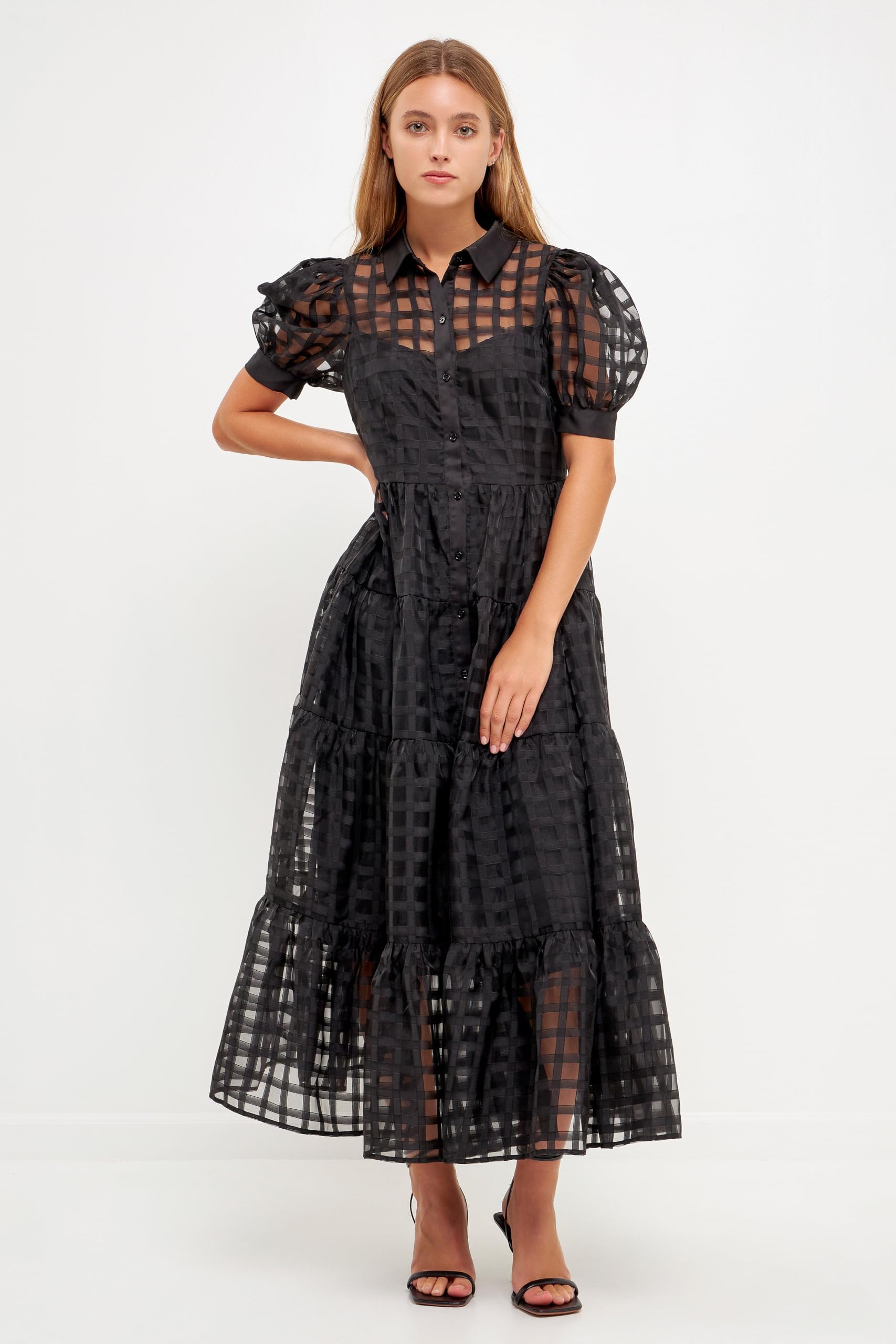 English Factory Women's Gridded Organza Tiered Maxi Dress - Elegant Flowy Summer Wedding Guest Dress for Beach Parties & Formal Occasions