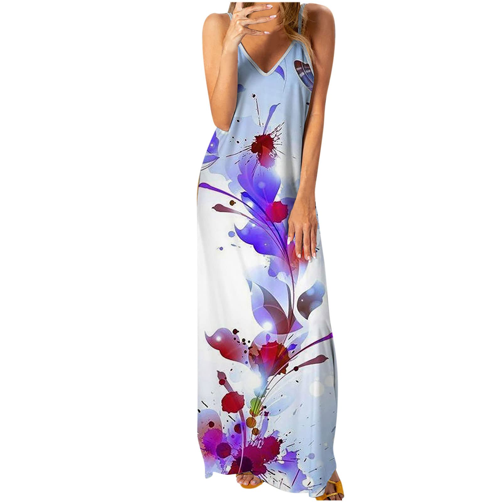 Women's Summer Sundresses 2022 - Sleeveless V-Neck Bohemian Floral Print Beach Dress with Butterfly Design | Perfect for Vacations, Beach Parties & Casual Outings