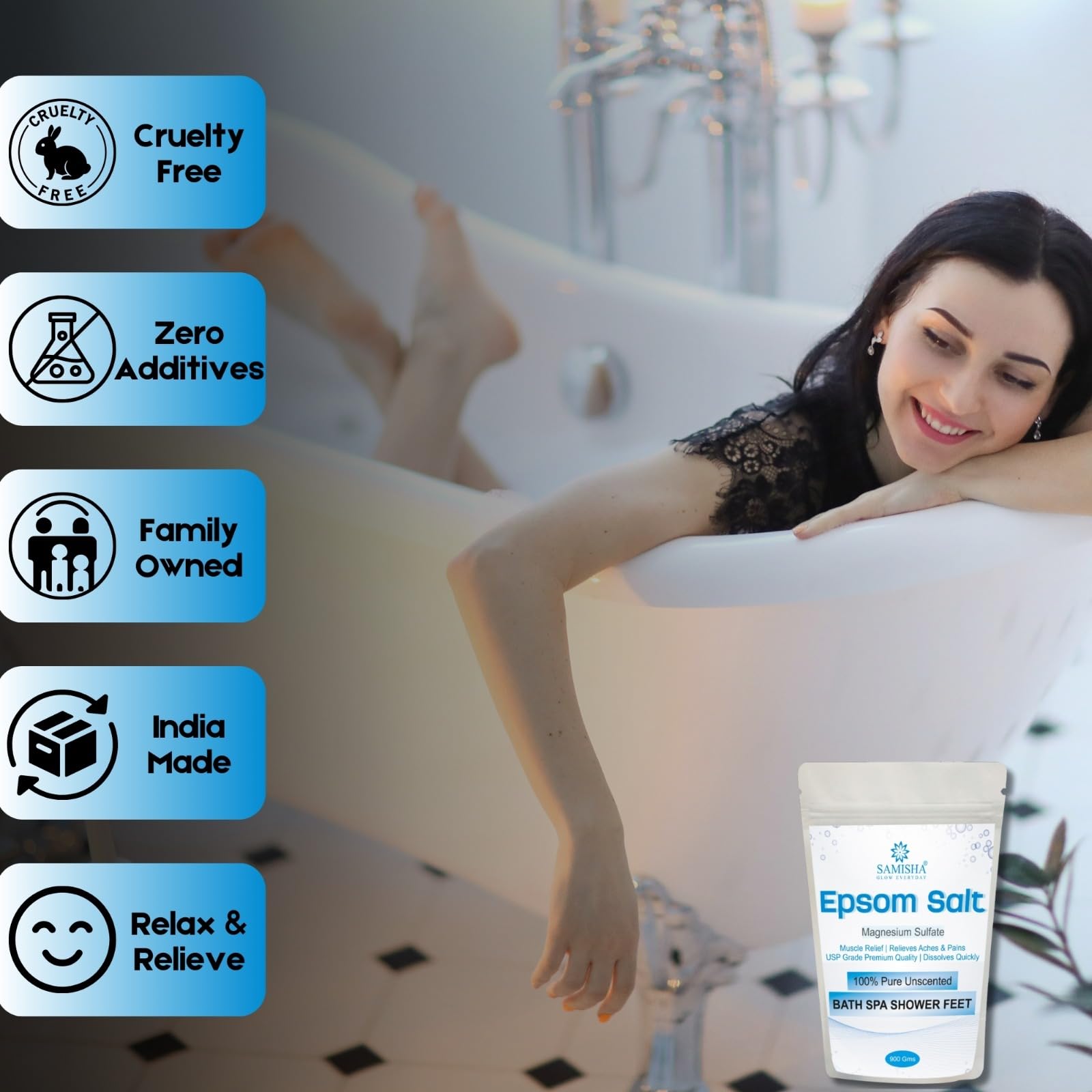 SAMISHA Epsom Salt for Pain Relief & Muscle Relaxation - Magnesium Sulfate Bath & Foot Soak - Unscented Bathing Salt for Relaxing Showers, Spa, and Post-Workout Recovery (Pack of 1)