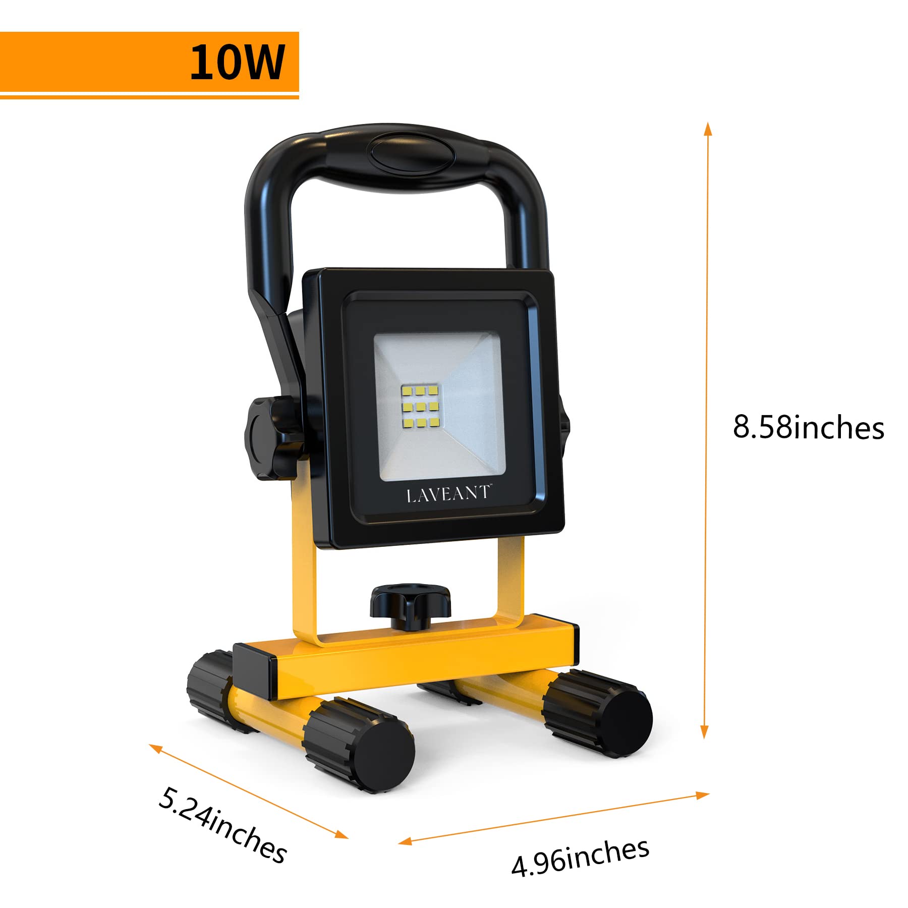 10W 2200mAh Rechargeable LED Work Light - 600 Lumens Portable Tiltable Waterproof Flood Light with Stand - Yellow - Perfect for Outdoor, Garage, Emergency, Camping & DIY Projects