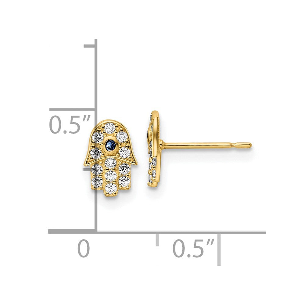 Gold CZ & Blue Glass Stone Hamsa Post Earrings - Model YE2133 - Spiritual Jewelry for Women, Boho Chic Accessories for Everyday Wear or Special Occasions