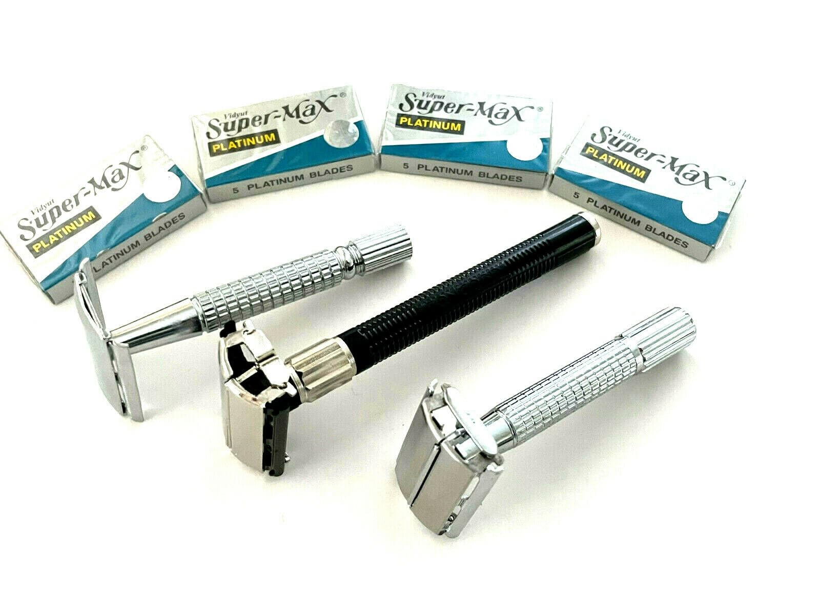 3-Piece Classic Safety Razor Set for Men - Old School Old Timers Design with 20 Double Edge Razor Blades - Perfect Gift for Shaving Enthusiasts & Barber Shop Use