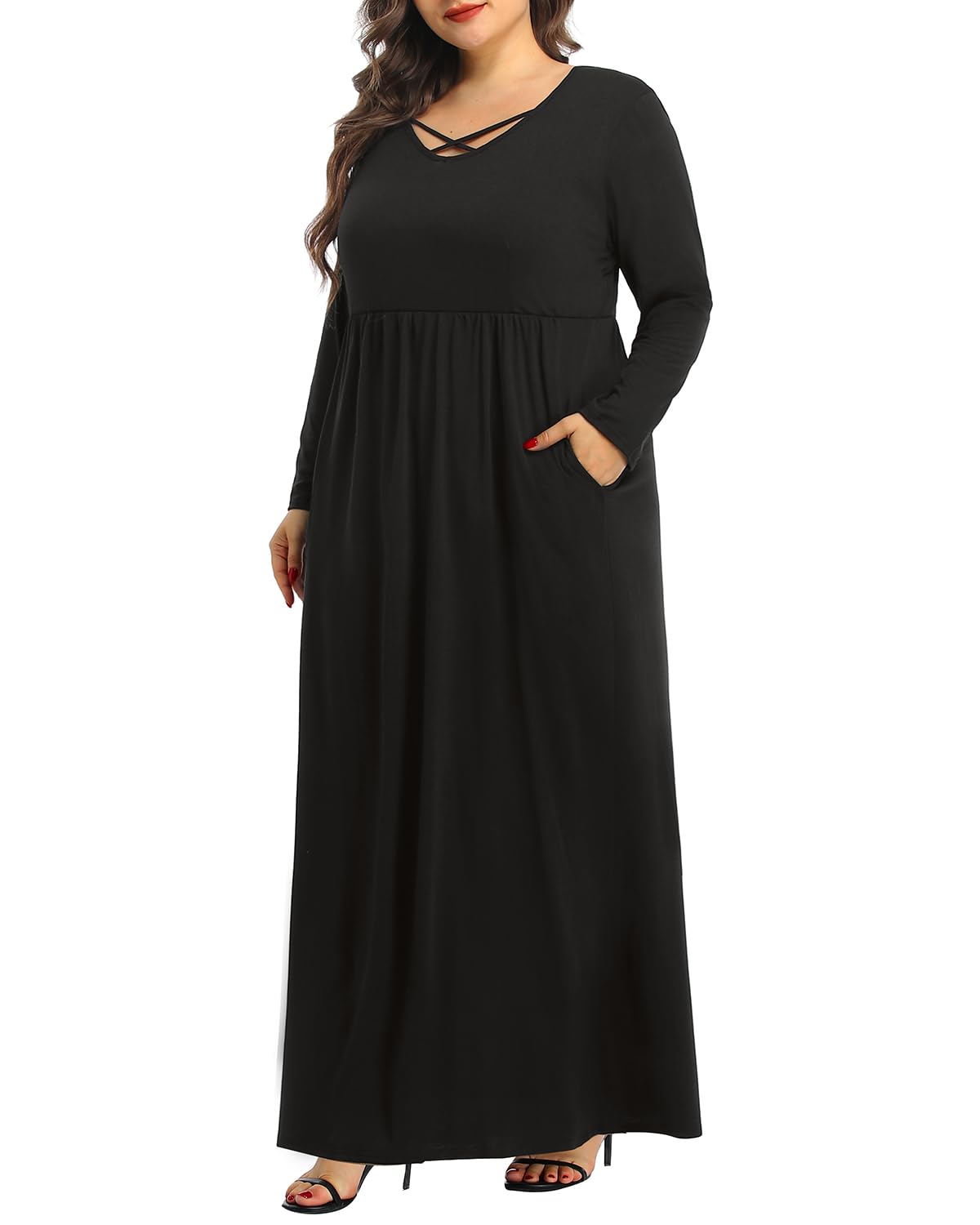 Plus Size Long Sleeve Maxi Dress for Women - Soft Casual Pinup Fashion with Pockets | Perfect for Date Night, Office Wear & Spring Outfits