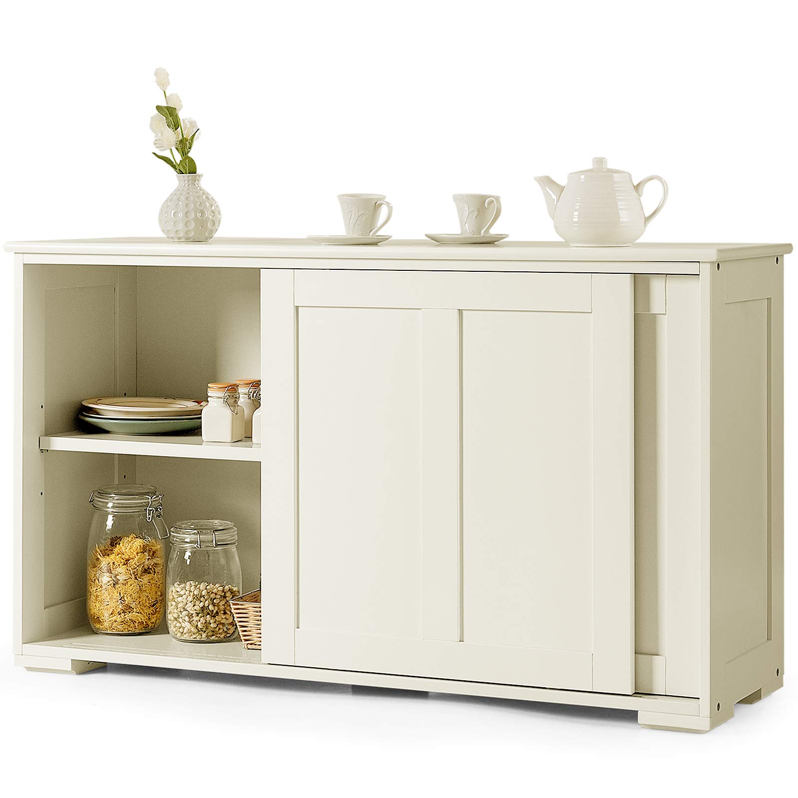 Mayjooy White Kitchen Buffet Cabinet with Sliding Doors & Adjustable Shelves - Modern Credenza Storage Cabinet, Sideboard Console Table for Living Room, Dining Room, Hallway - Perfect for Home Organization & Entertaining Guests