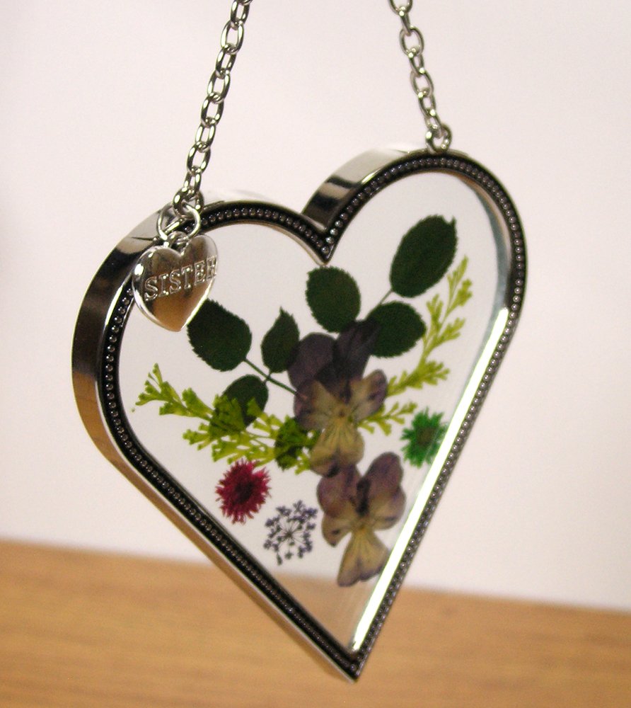 Sister Suncatcher Gift - Heart Glass with Pressed Flowers - 4 Inch - Perfect for Sister's Birthday & Home Decor