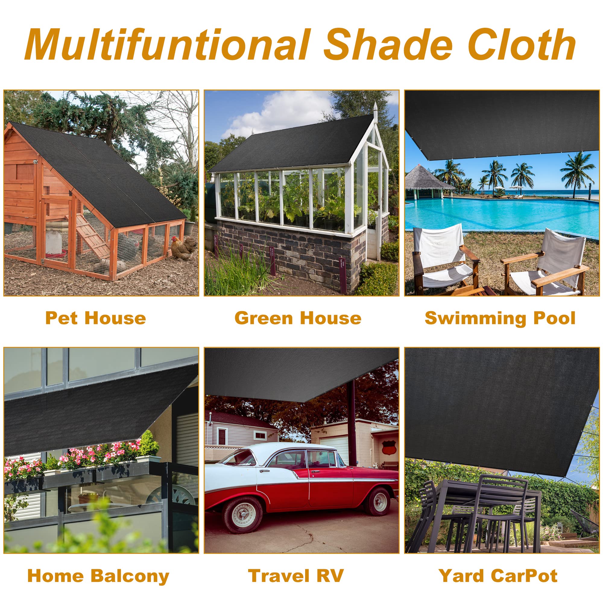 SPORTYOUTH 50-60% Black Shade Cloth 6x12 FT - UV Resistant Sun Block Mesh Tarp with Grommets for Garden, Greenhouse, Pergola, RV, Chicken Coop & Patio Canopy - Outdoor Sun Protection Cover for Plants, Pets and Relaxation