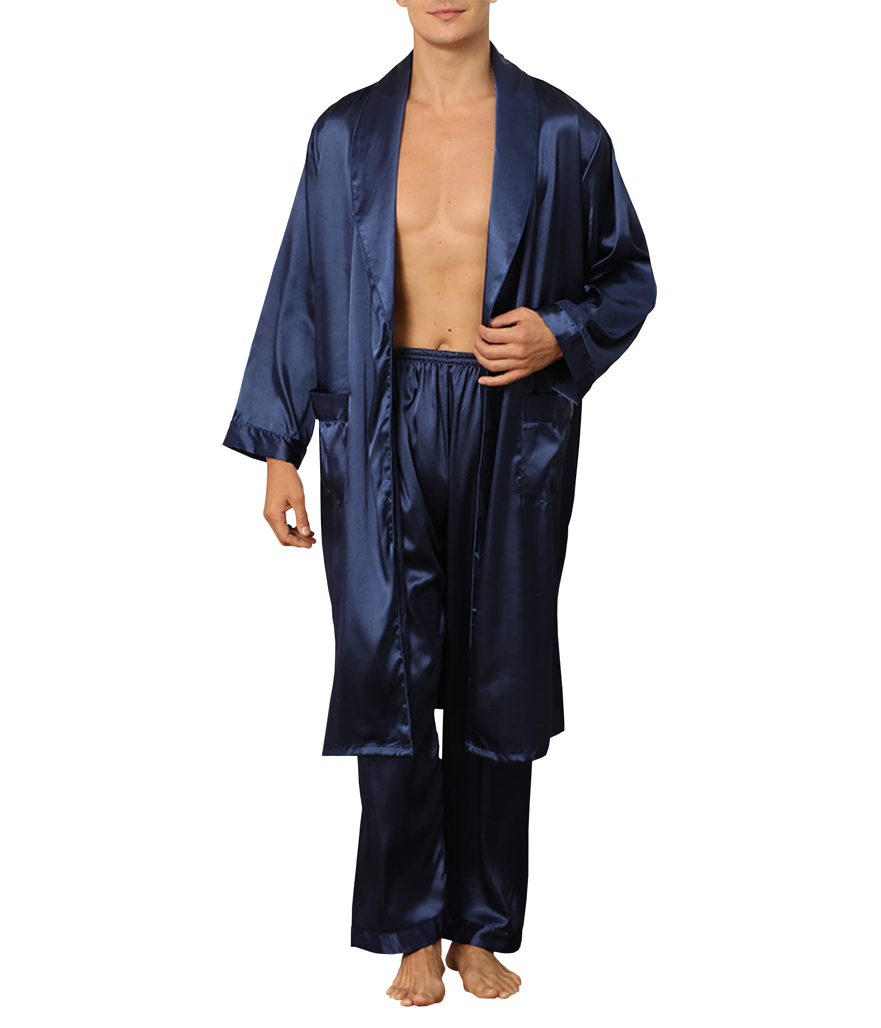 2-Piece Men's Satin Robe & Pajama Set - Long Sleeve Silk-Like Bathrobe with Matching Pants - Soft Sleepwear for Lounge, Spa & Home Relaxation