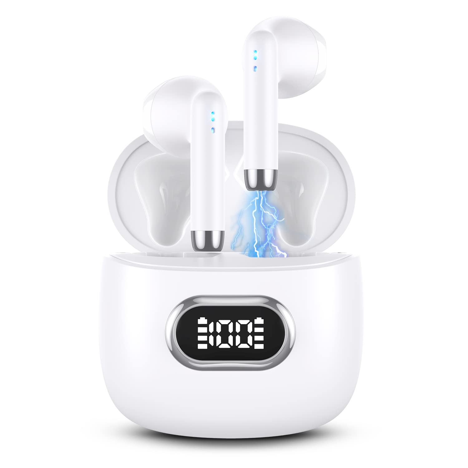 Wireless Earbuds 5.3 Bluetooth Headphones with LED Display Charging Case, IPX7 Waterproof, Hi-Fi Stereo Sound, Touch Control, 40H Playtime, Built-in Mic for Hands-Free Calls - Compatible with iPhone Android (White) - Perfect for Gym, Running, Travel & Work